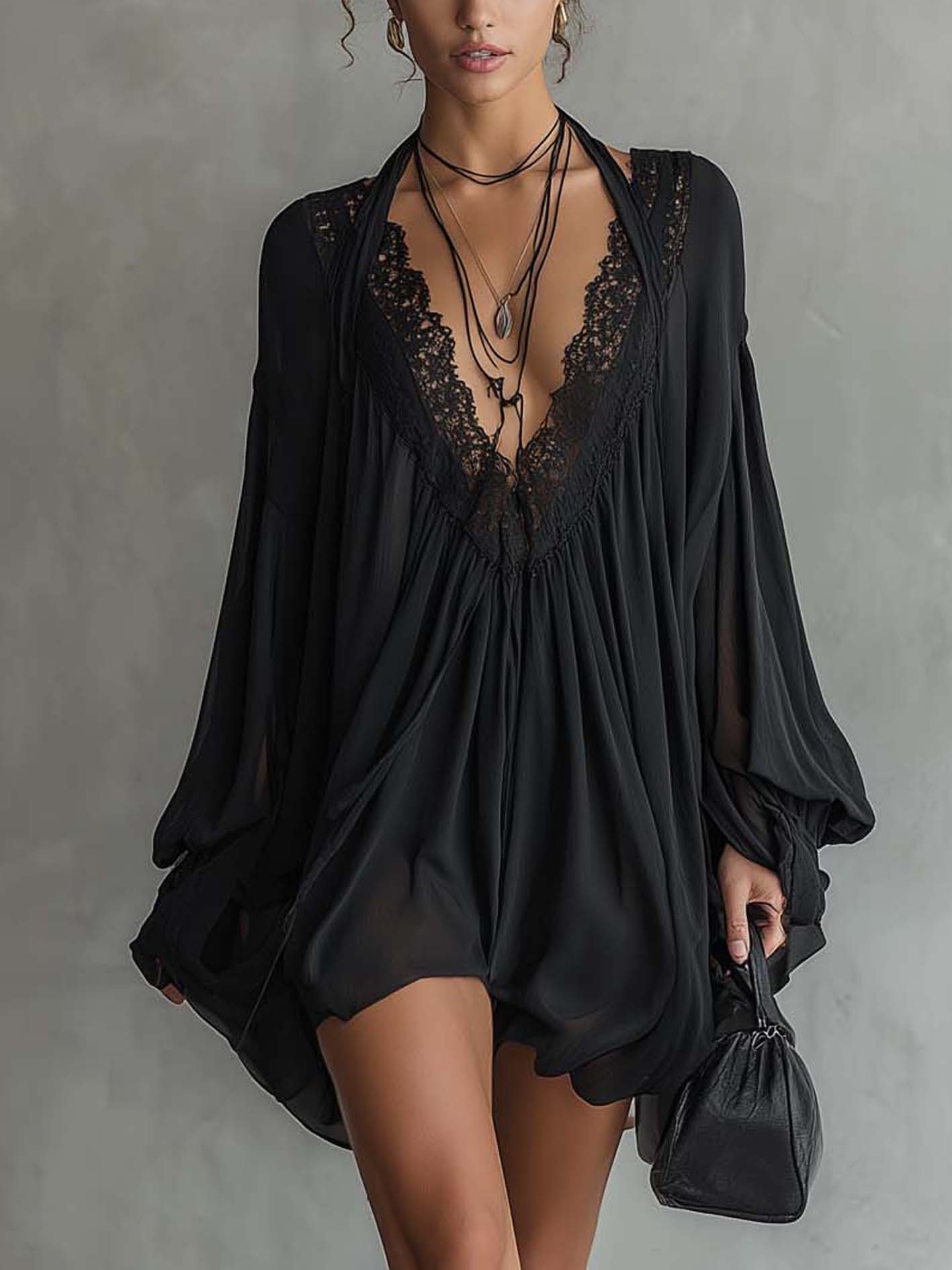 Black Chiffon Halter Mini Dress With Lace Neckline