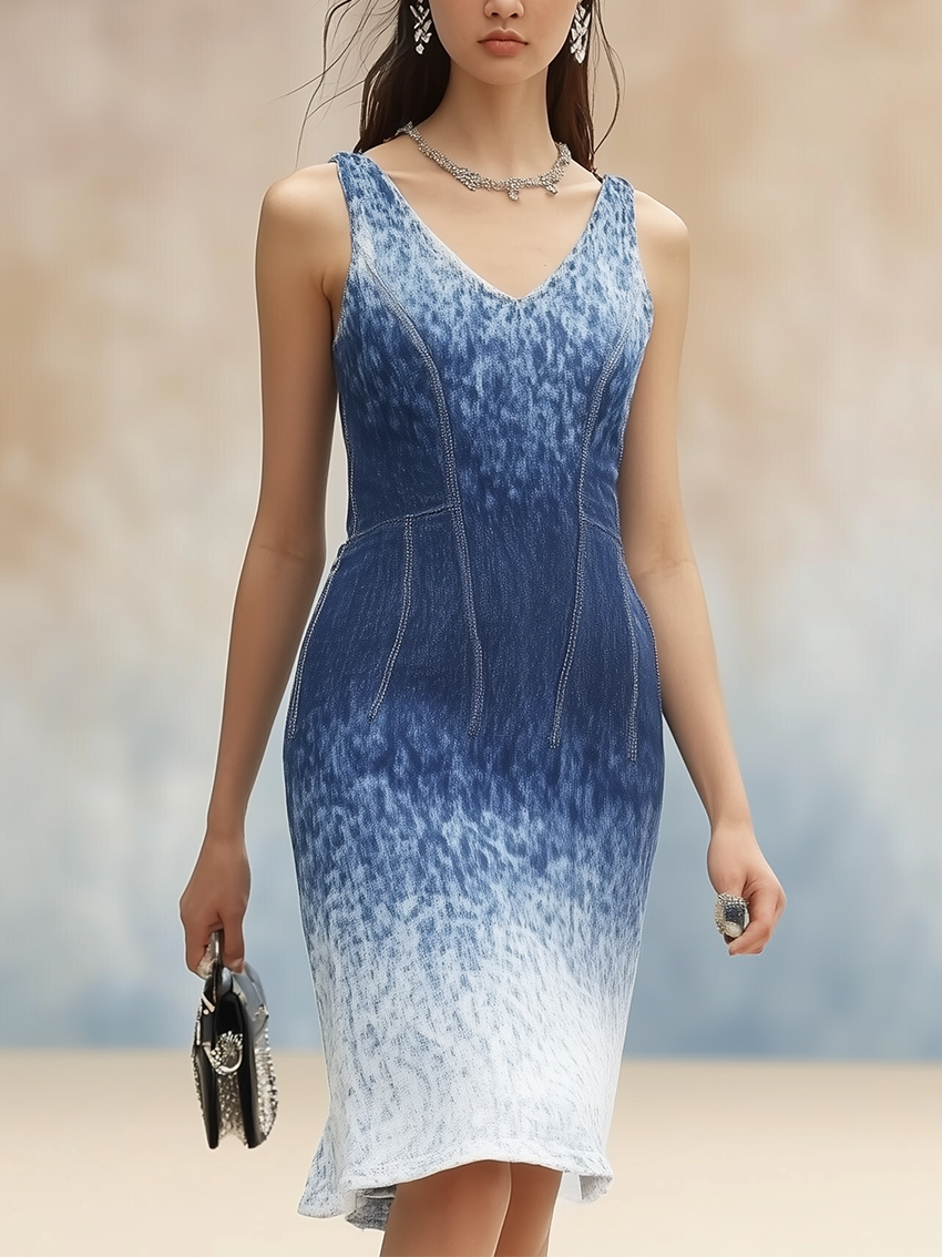 Sleeveless Denim Midi Bodycon Dress With White Gradient Pattern