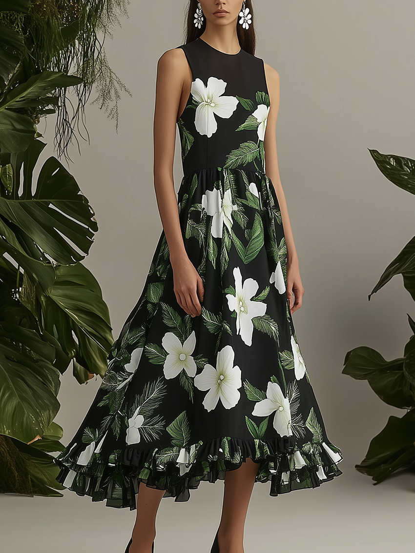 Black Midi Dress With Elegant Flower Print With Ruffle Trim