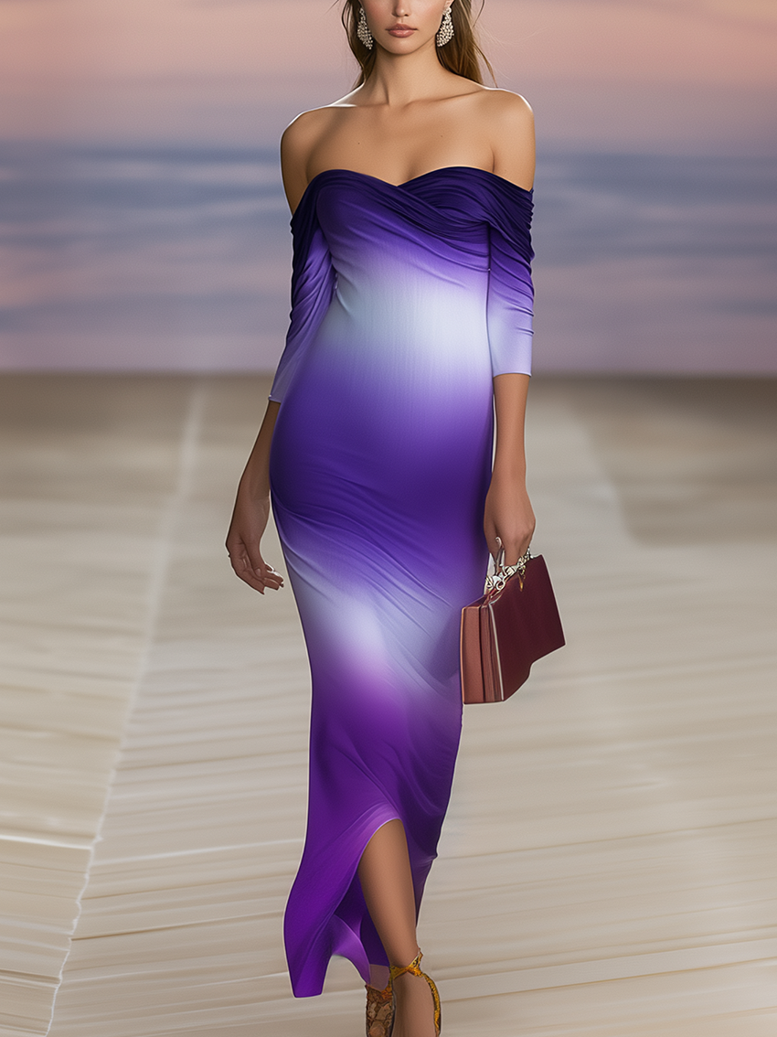 Off Shoulder Maxi Dress With Purple Gradient Print
