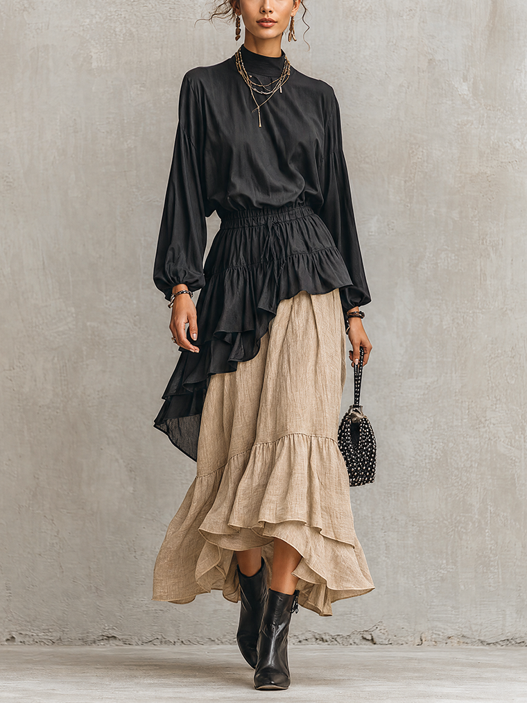 Black Cotton-Linen Blend Ruffle Blouse And Natural Linen Asymmetric Maxi Skirt Set