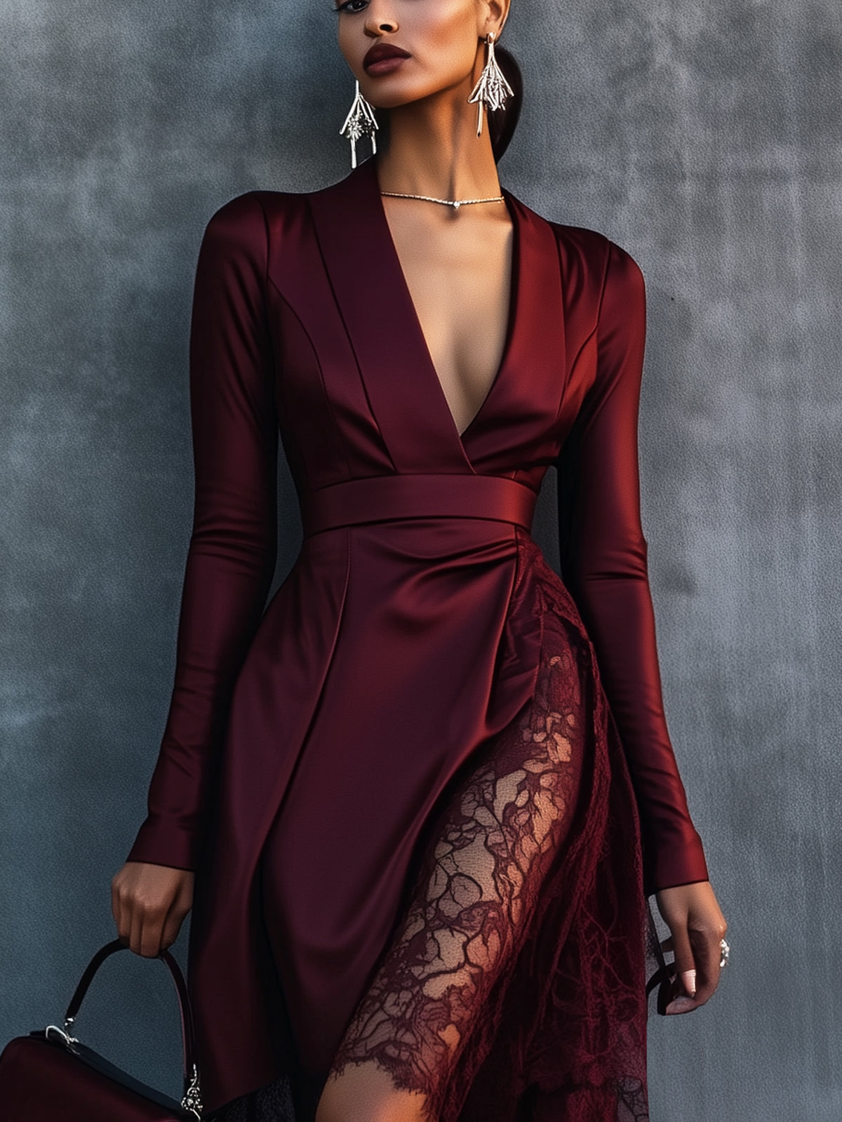 Red Lace Panel Asymmetrical V-Neck Long-Sleeved Midi Dress