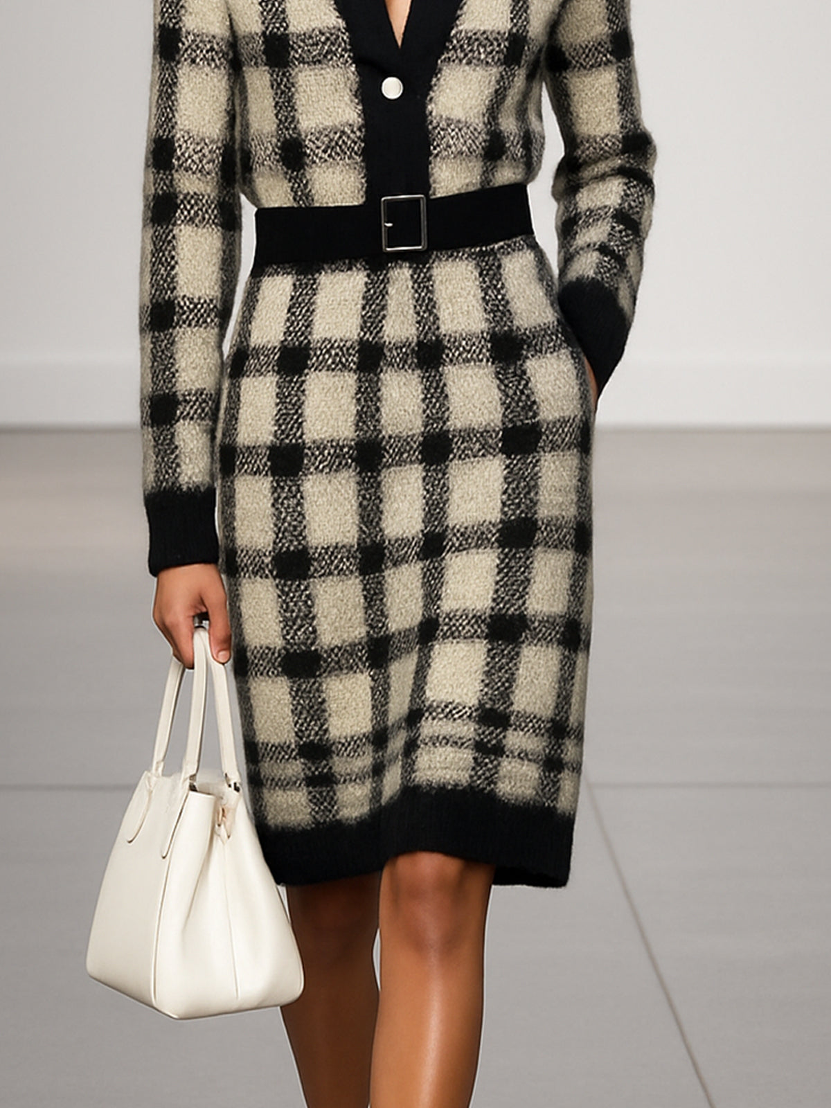 Plaid Knit Sweater Dress With Pocket