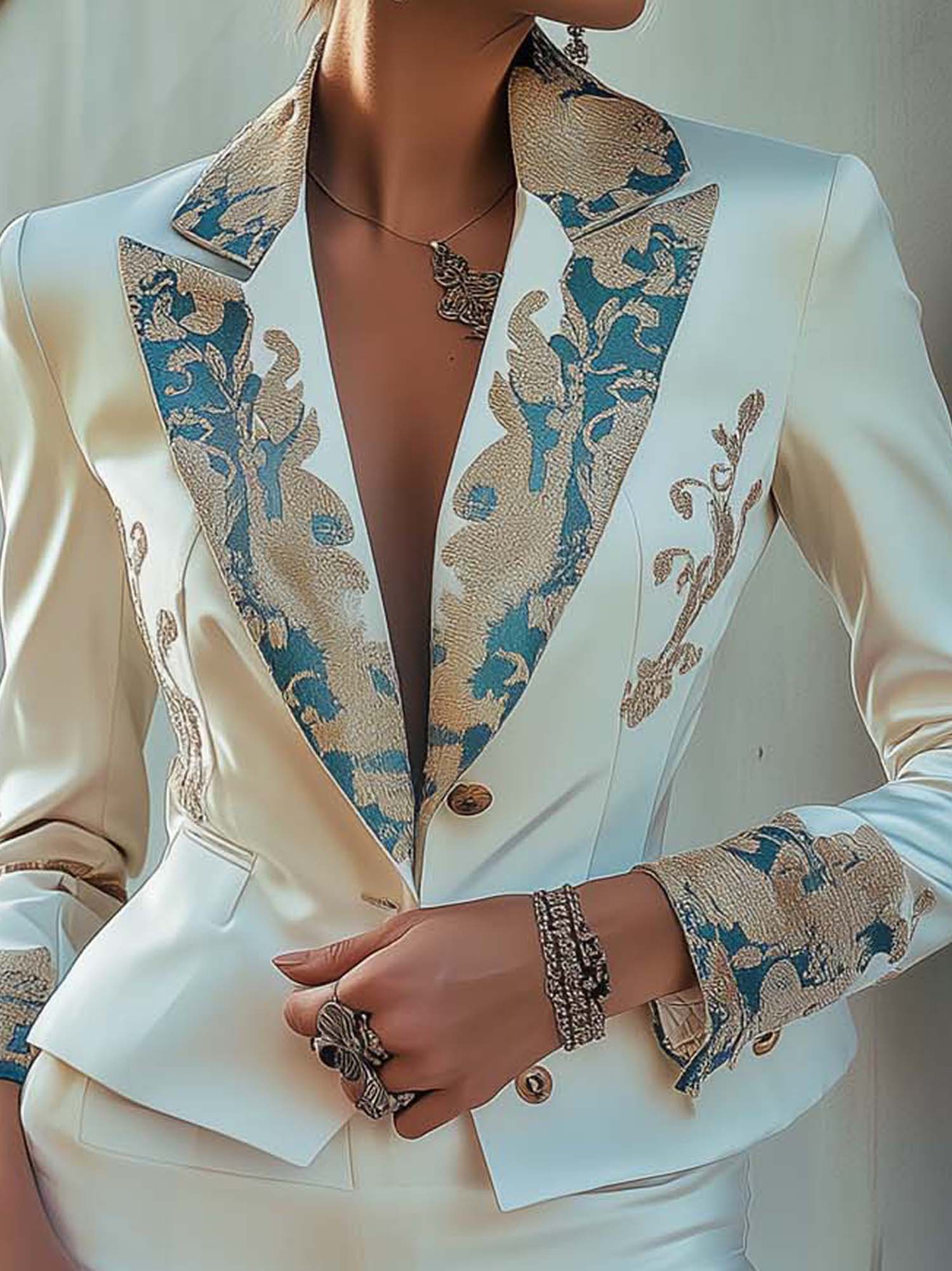 White Satin Blazer With Vintage Classic Pattern