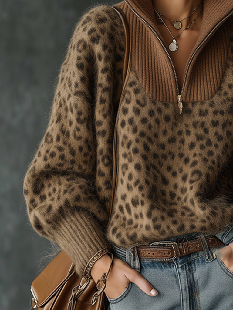 Brown Leopard Print Mohair Zip Neck Sweater