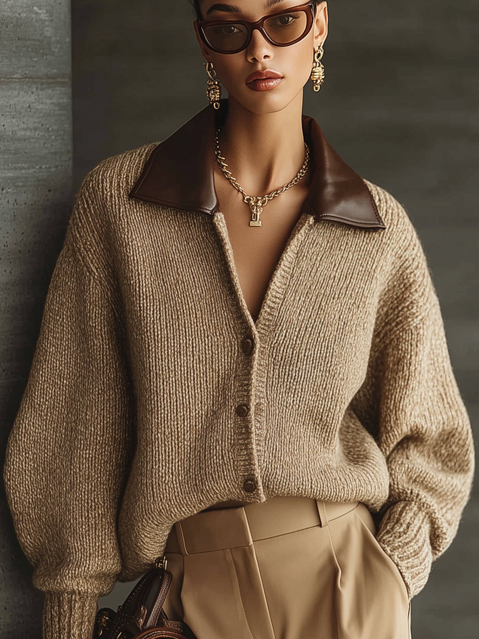 Camel Knit Cardigan With Faux Leather Collar
