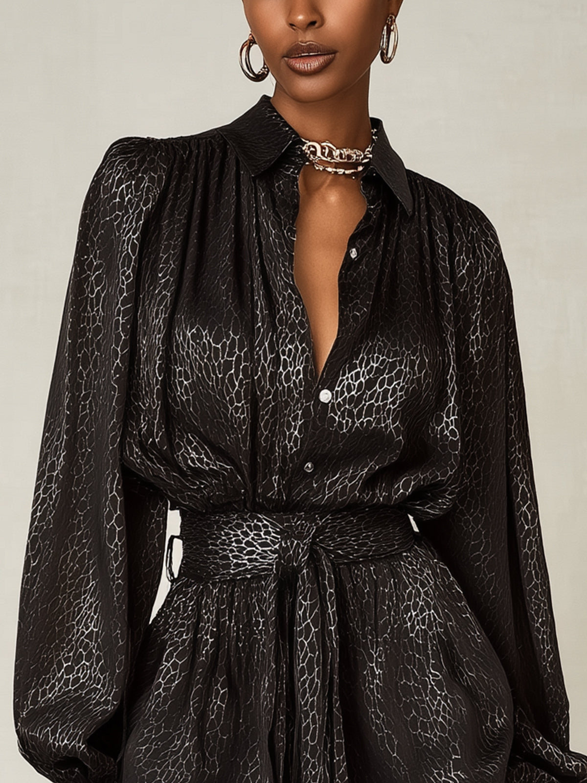 Black Satin Mini Shirt Dress With Belted