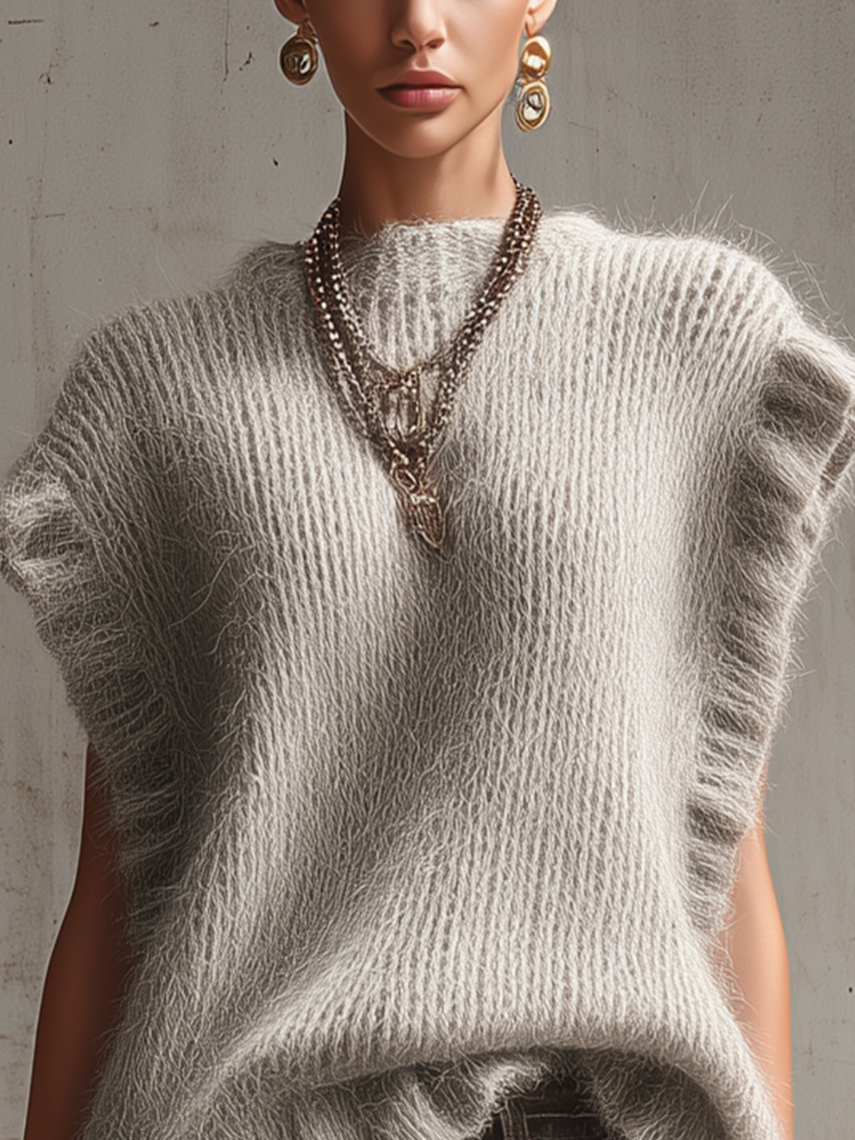 Gray Fuzzy Knit Cap-Sleeve Sweater Top With Ruffled Hem