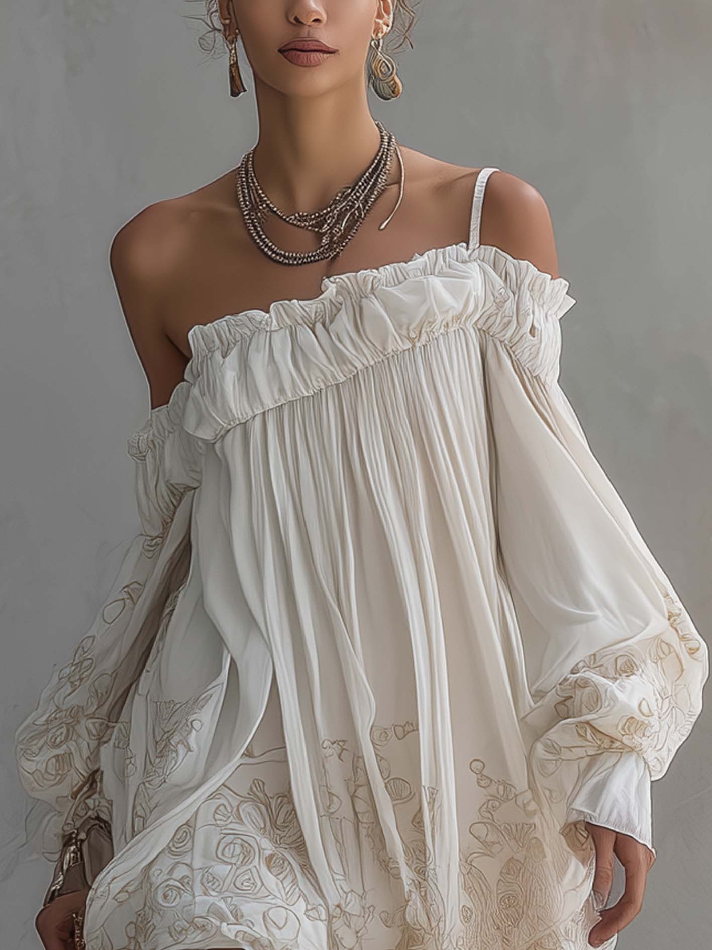 White Paisley Vintage Print One Shoulder Chiffon Mini Dress