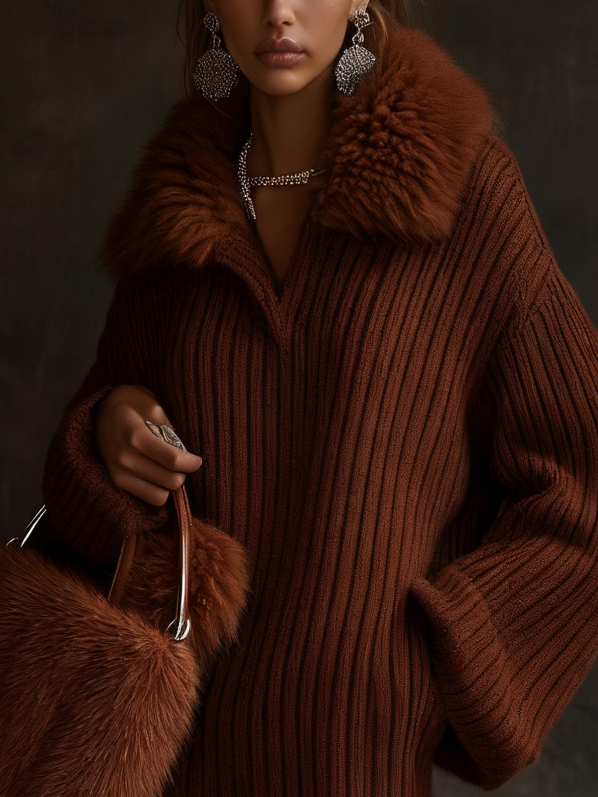 Brown Ribbed Knit Dress With Faux Fur Collar