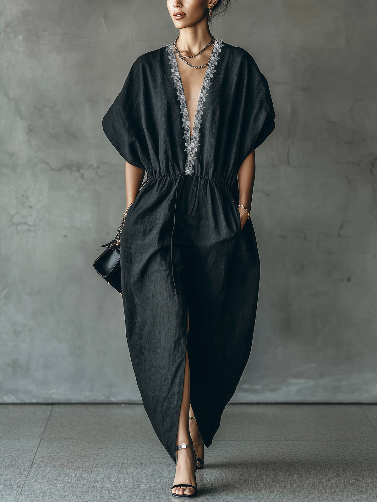 Black Lace-Trimmed Deep V-Neck Embroidered Maxi Dress