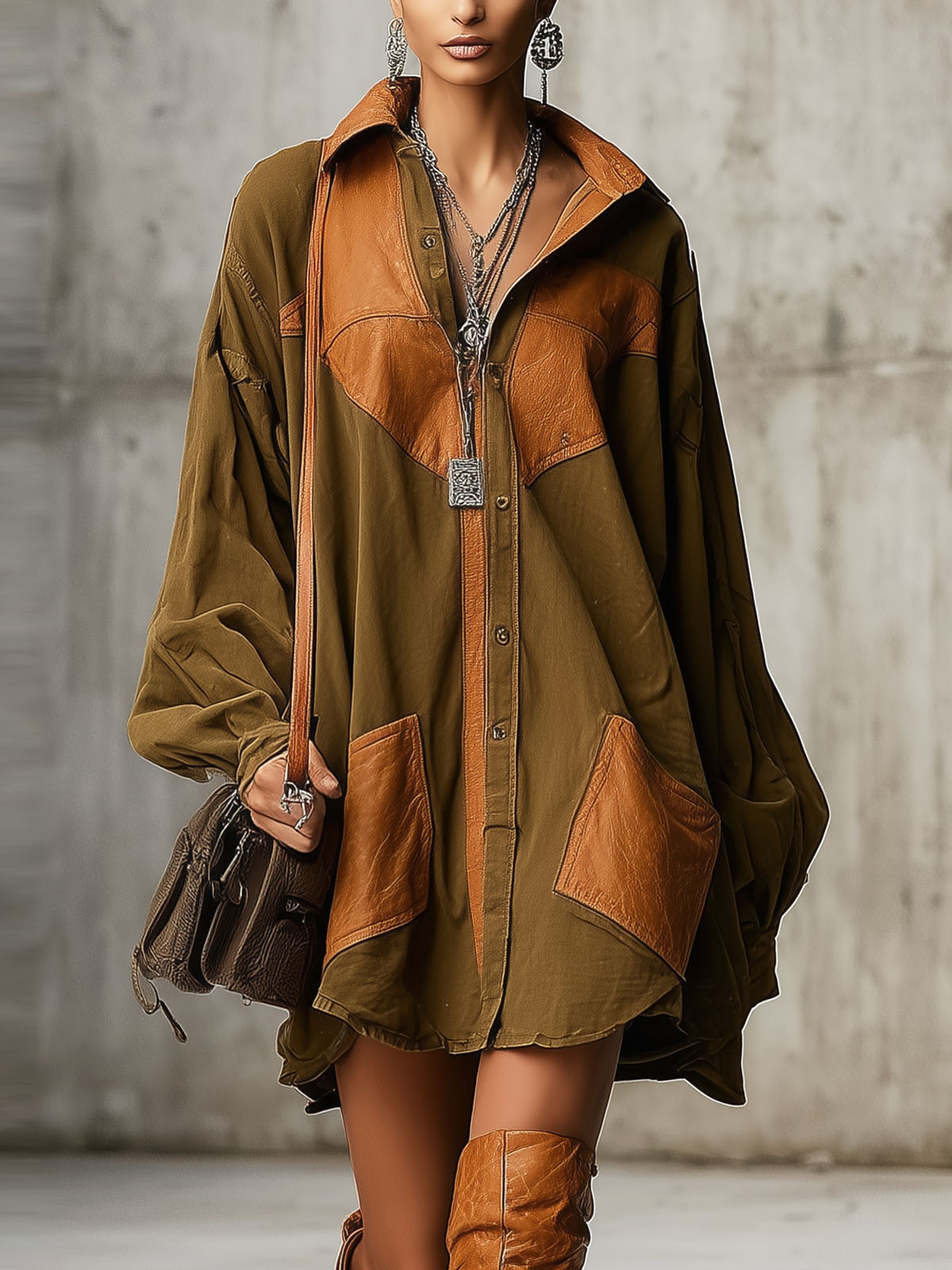 Olive Green Faux Suede Color Blocked Loose Mini Dress