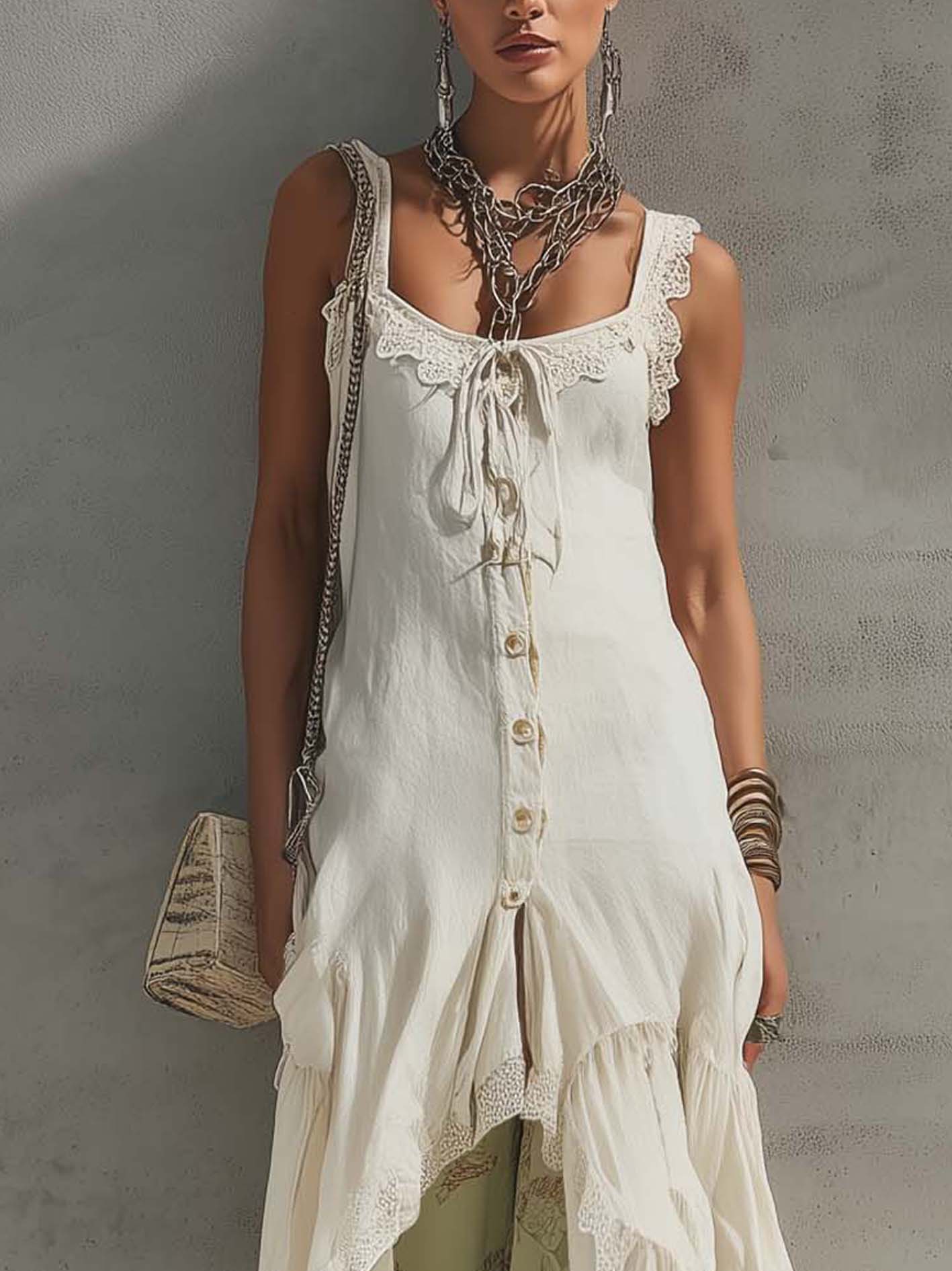 White Cotton-Linen Lace Trim Sleeveless Asymmetrical Maxi Dress