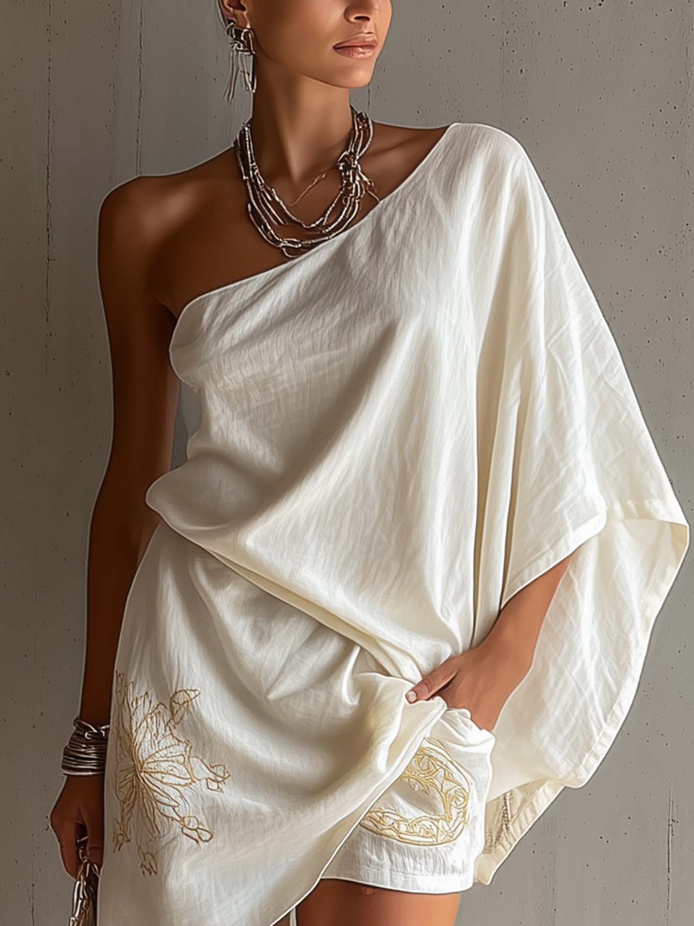 White Embroidered One Shoulder Linen Cotton Mini Romper Dress