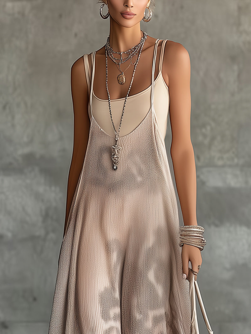 Pink Pleated Maxi Dress With Spaghetti Straps With Tank