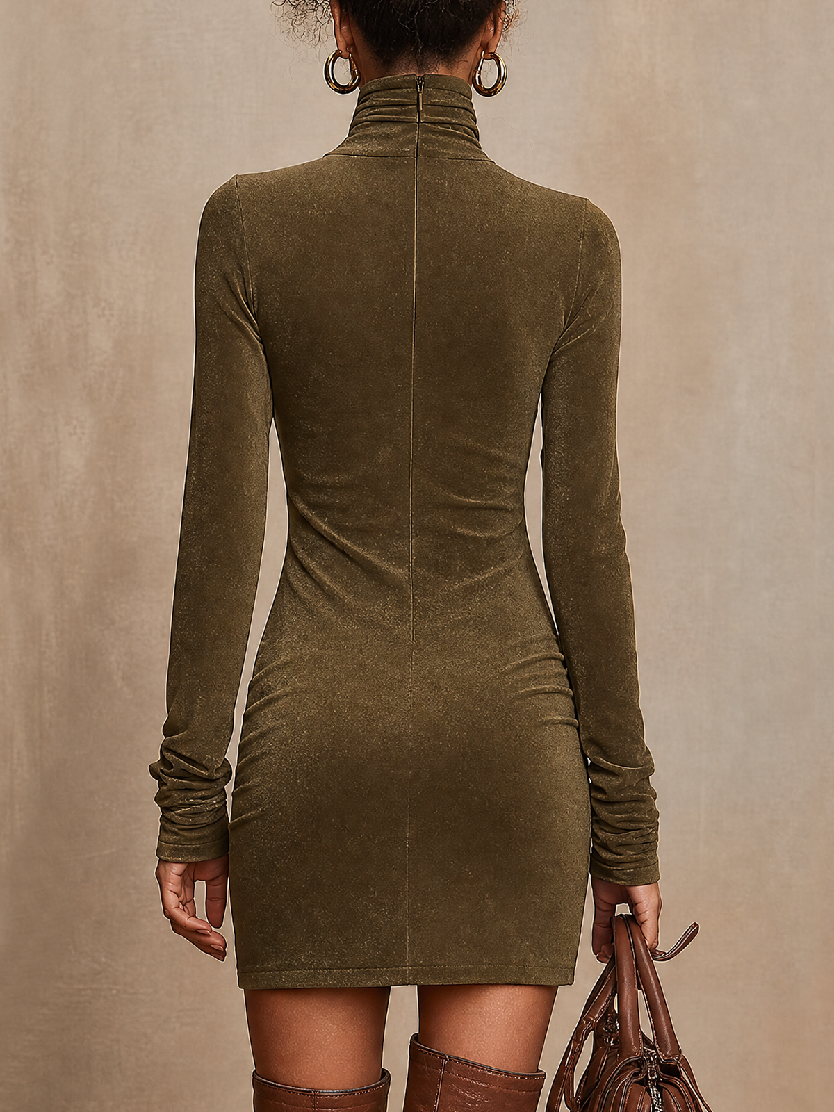 Olive Green Lace‑Up Eyelet Long Sleeve Bodycon Mini Dress
