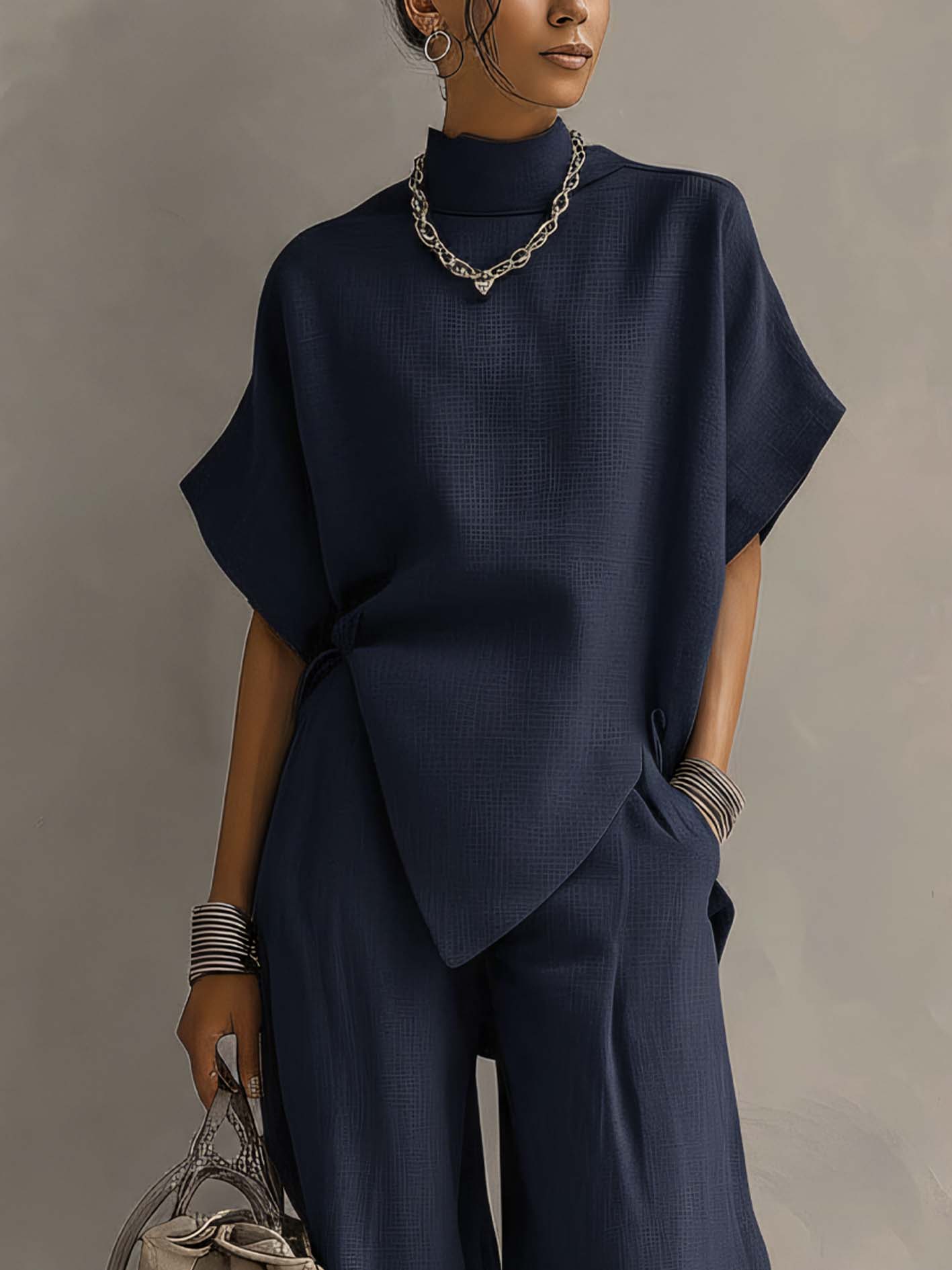 Navy Blue Cotton Linen Two-Piece Set