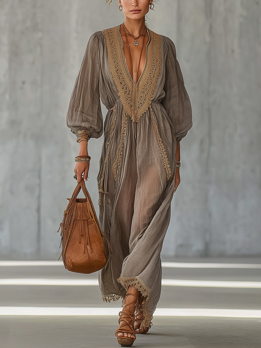 Taupe Bohemian Style Linen Blend Deep V-Neck Lace Maxi Dress
