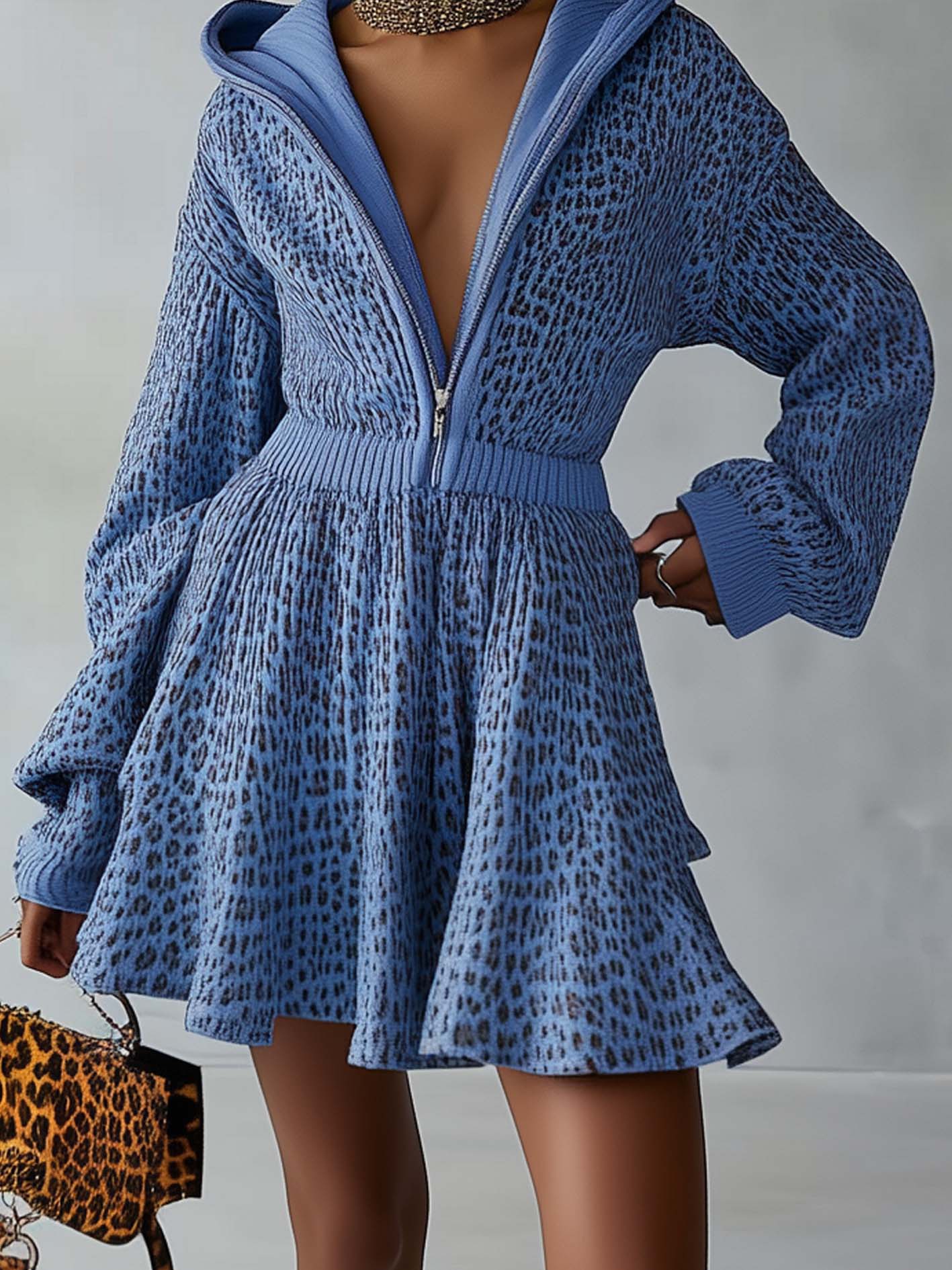 Blue Knitted Mini Dress With Hood And Zipper And Black Leopard Print