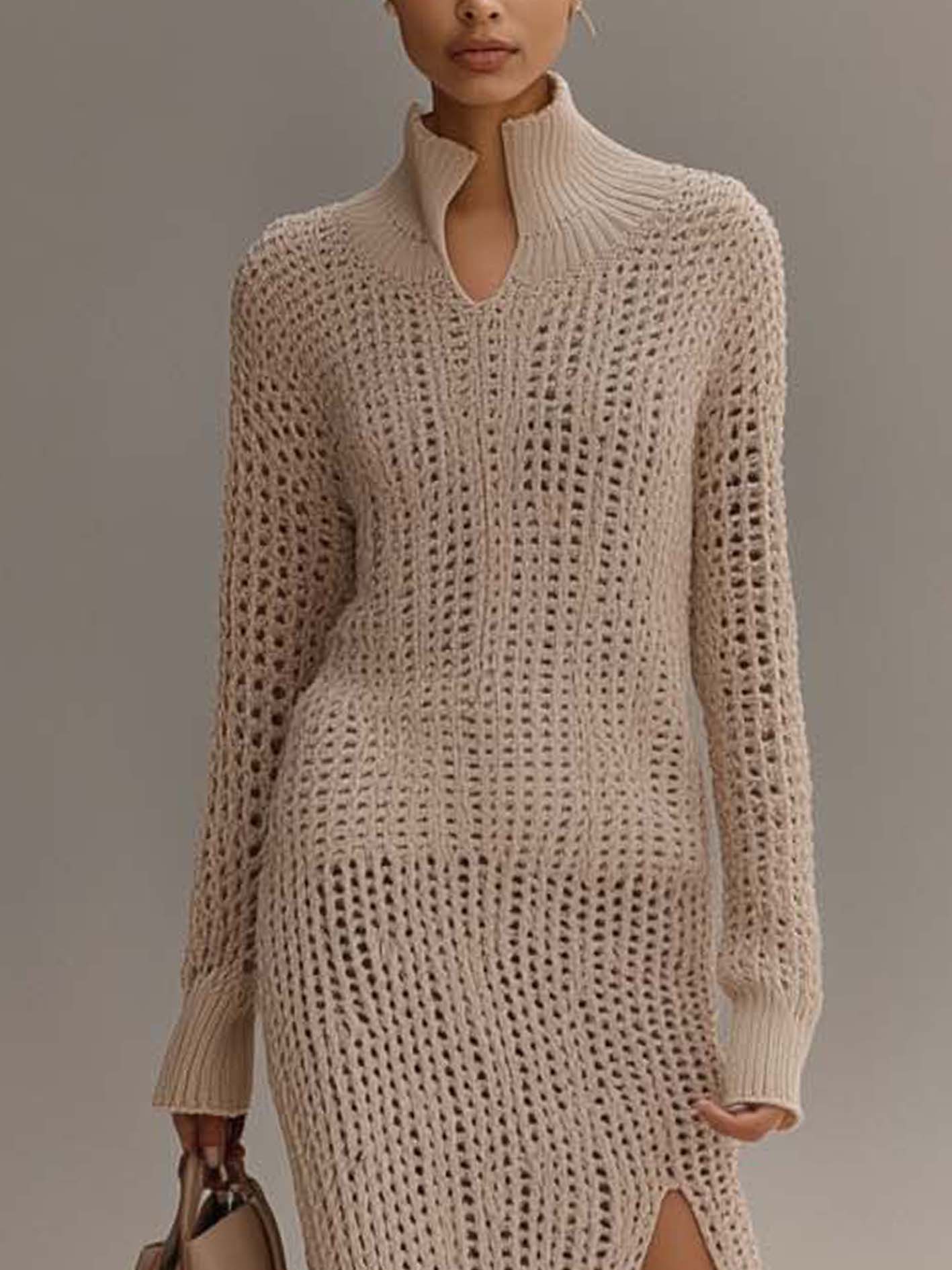 Hollow Beige Knitted Midi Bodycon Dress With Side Slits