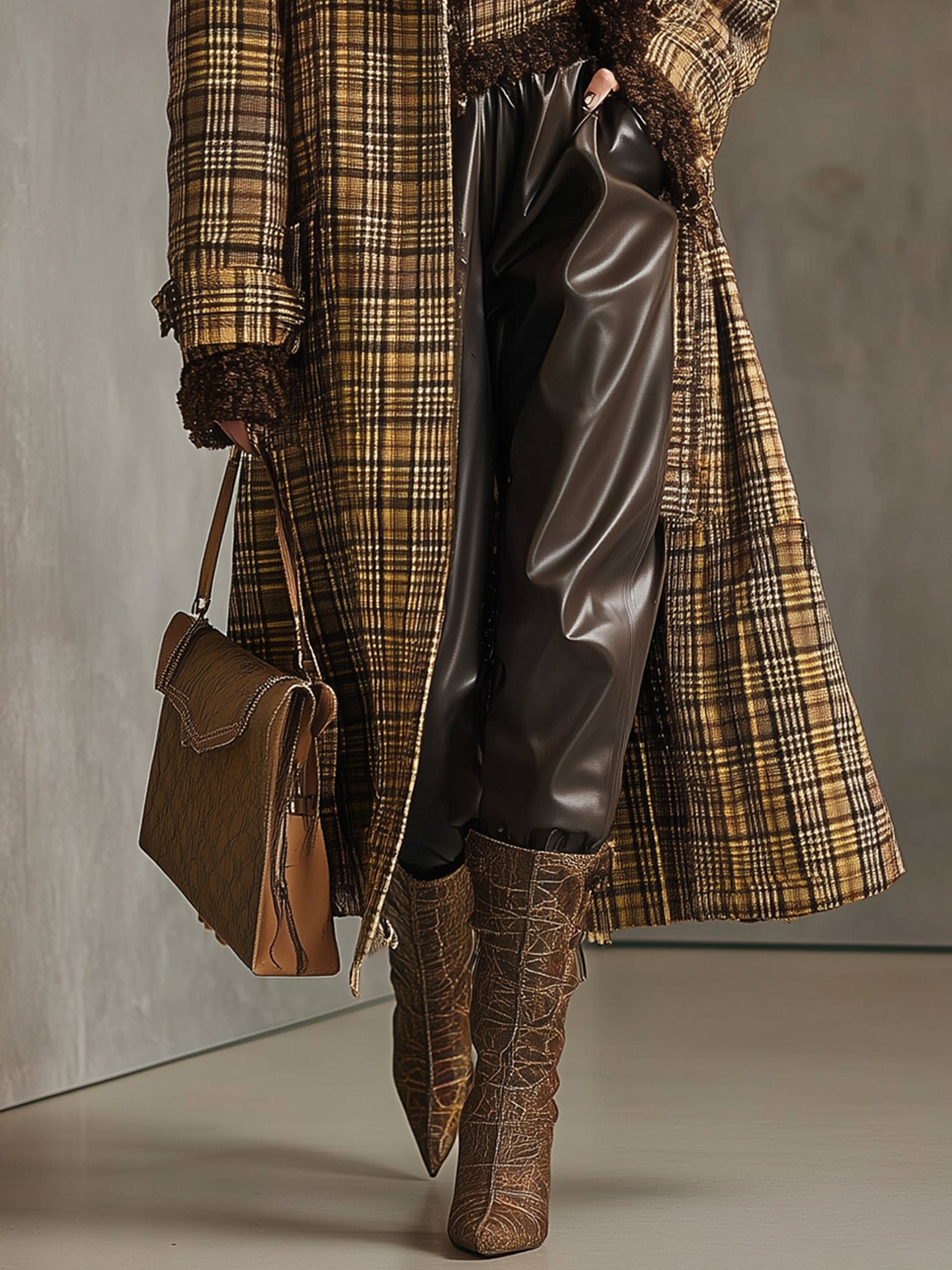 Yellow Check Wool Blend Coat With Faux Shearling Collar