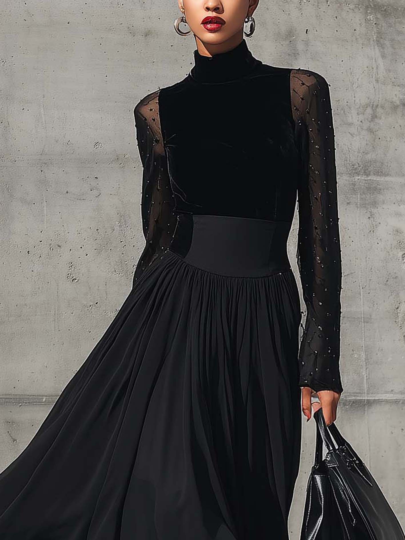 Black Velvet Panel Beaded Mesh Maxi Dress