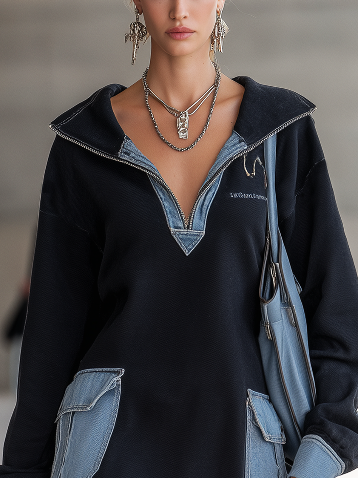 Black Sweatshirt With Denim Half-zip Mini Dress