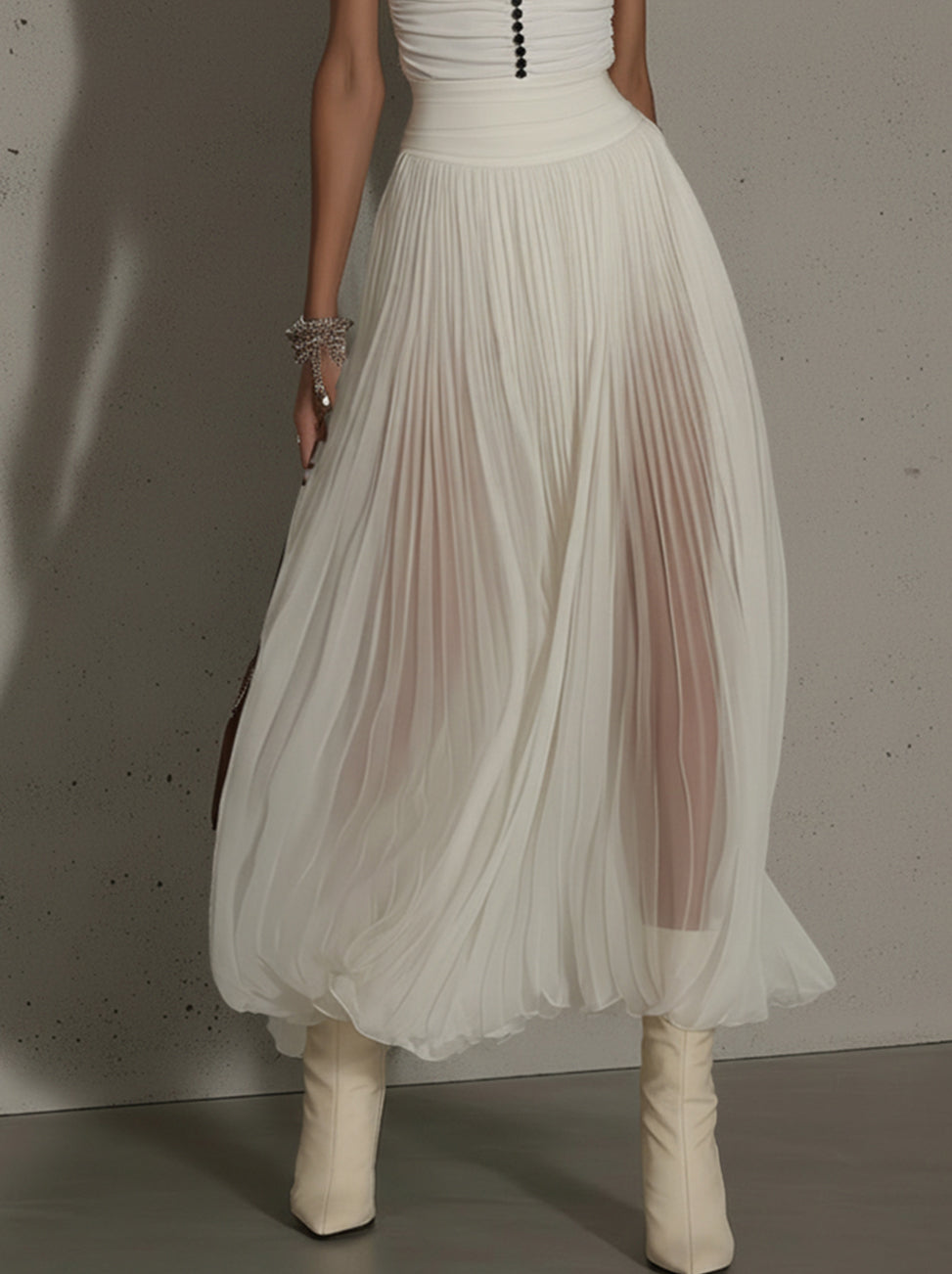 White Ruched High-Neck Sleeveless Shirt And Pleated Maxi Skirt Set