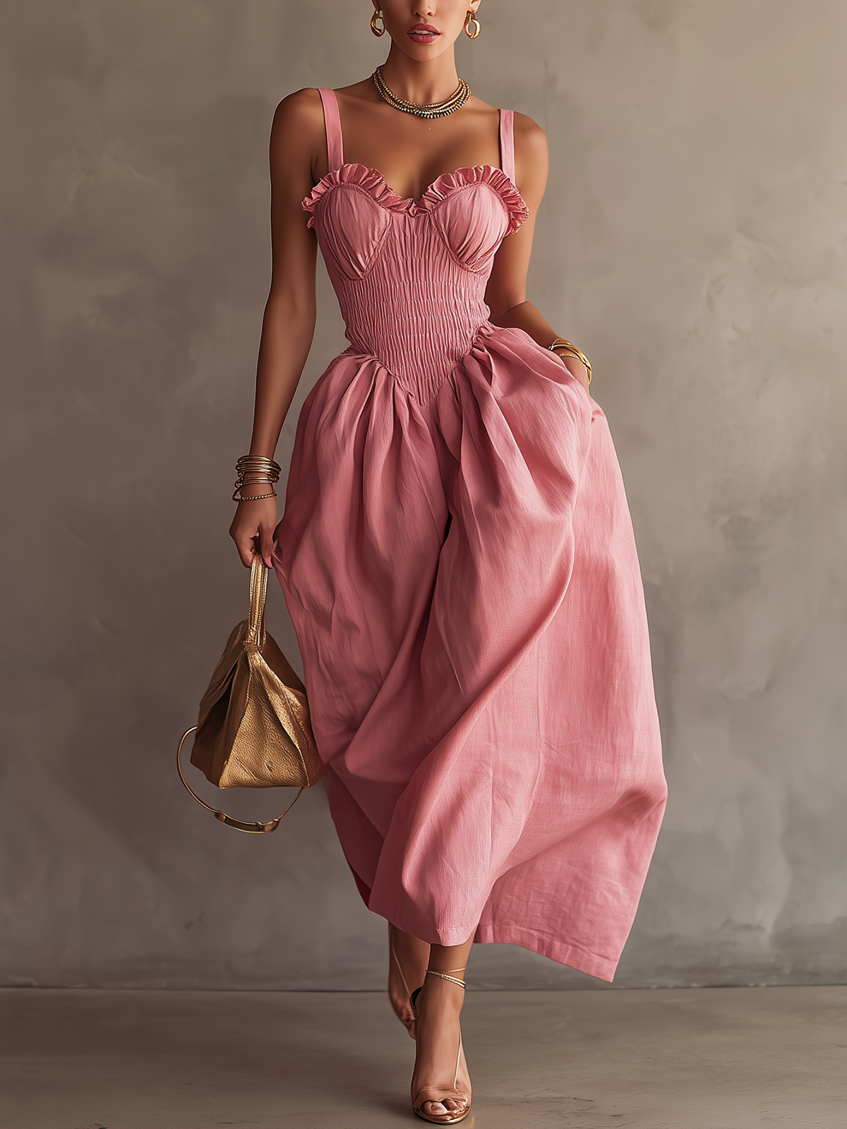 Pink Rose Ruched Corset Linen Maxi Dress