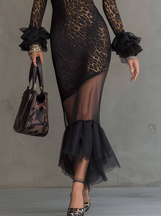 Leopard Mesh Mermaid Midi Dress With Ruffled Neckline And Cuffs