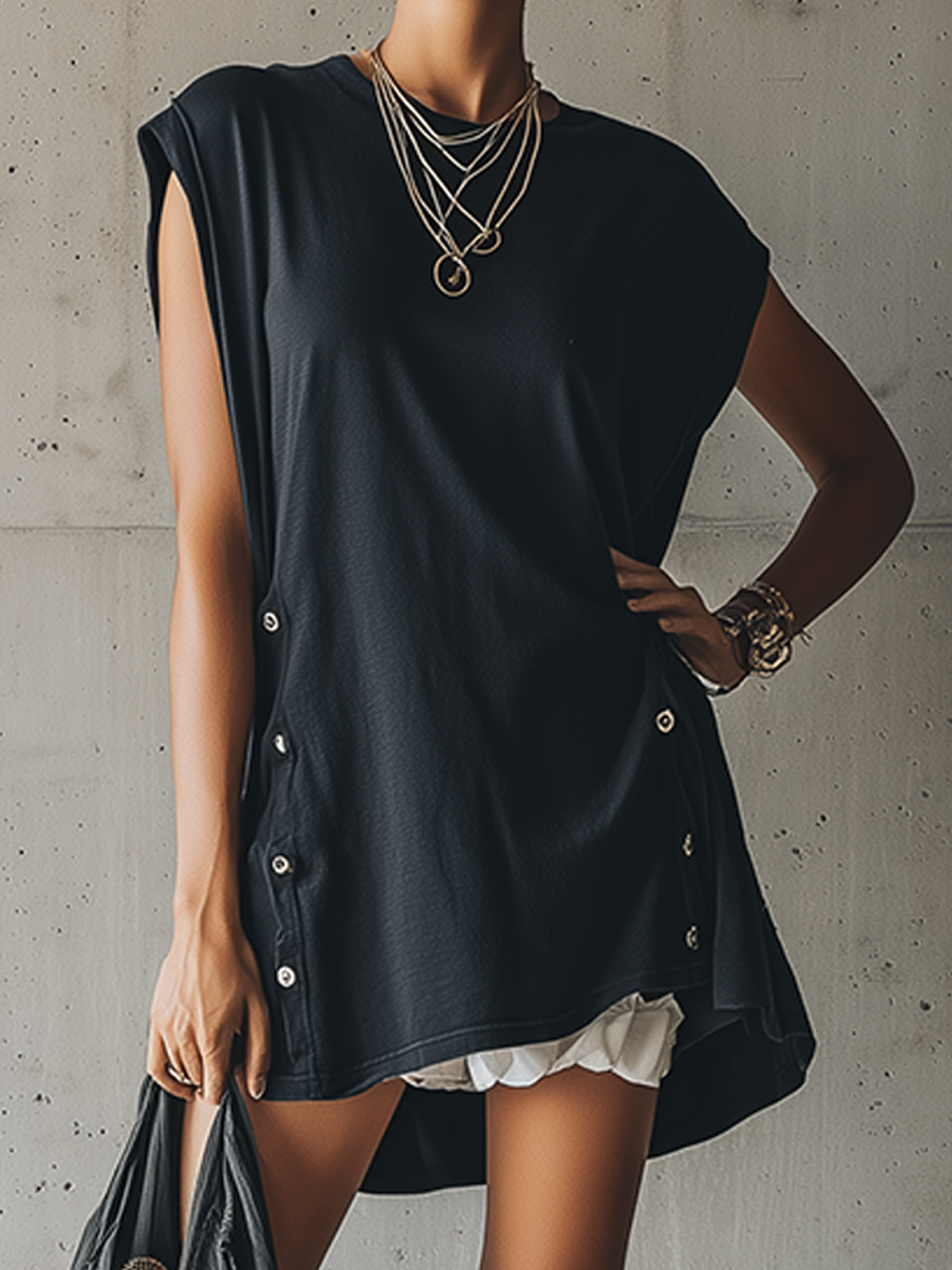 Black Asymmetric Button-Side Sleeveless Mini Dress