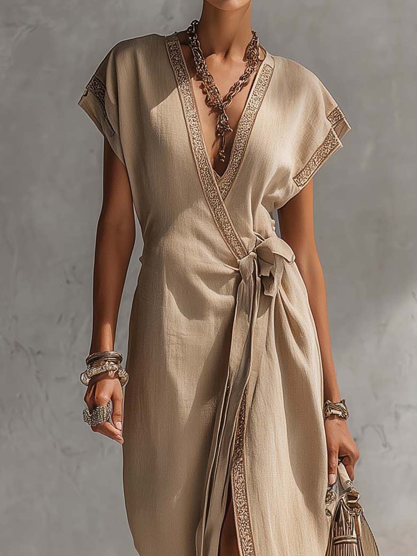 Khaki Lace Trim Linen Cotton Maxi Wrap Dress With Side Waist Tie