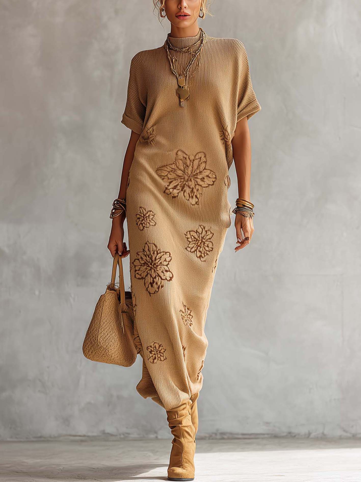 Beige Floral Knit Short Sleeve Maxi Dress