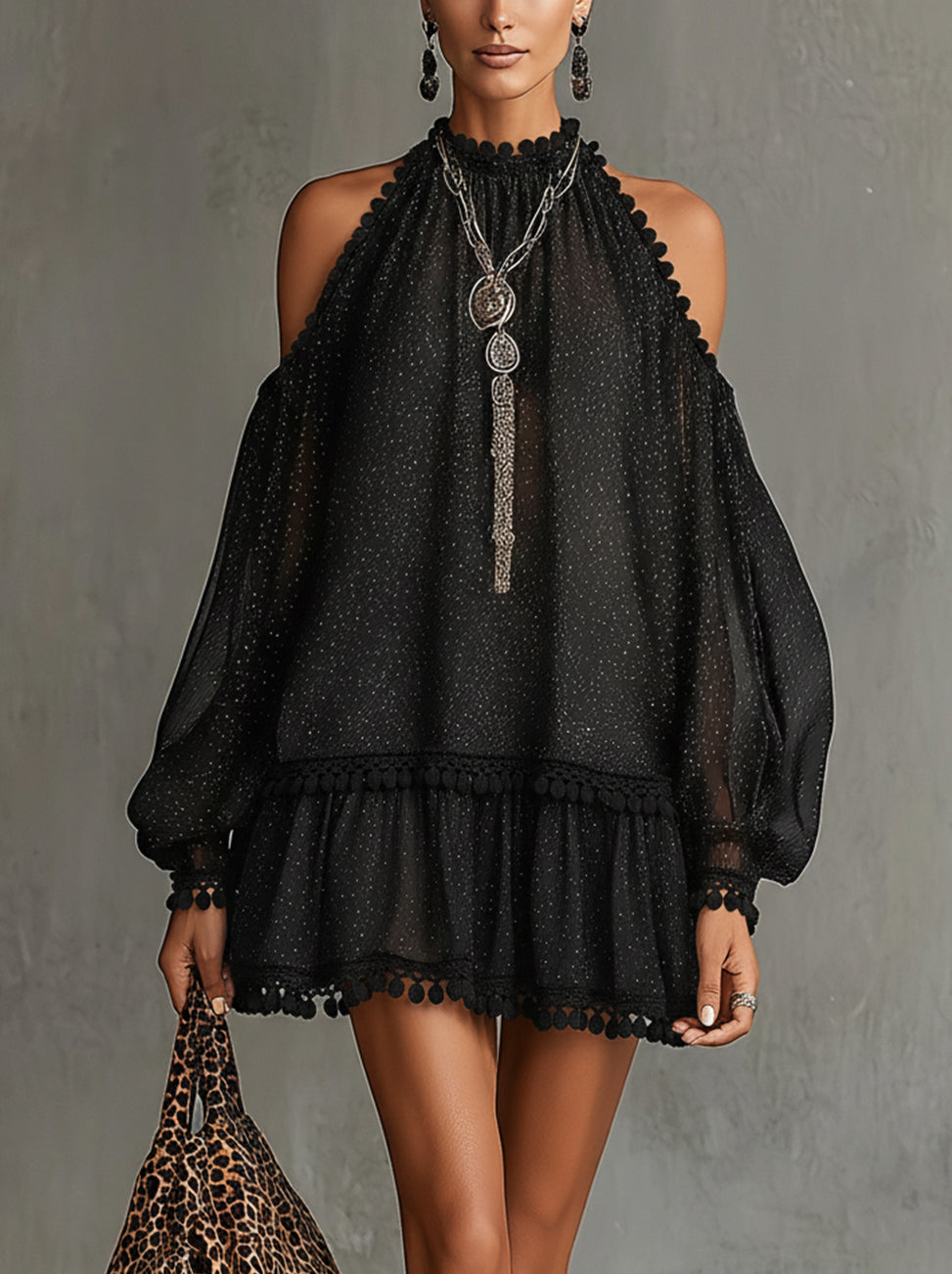 Black Halter Neck Polka Dot Chiffon Mini Dress With Pom Trim