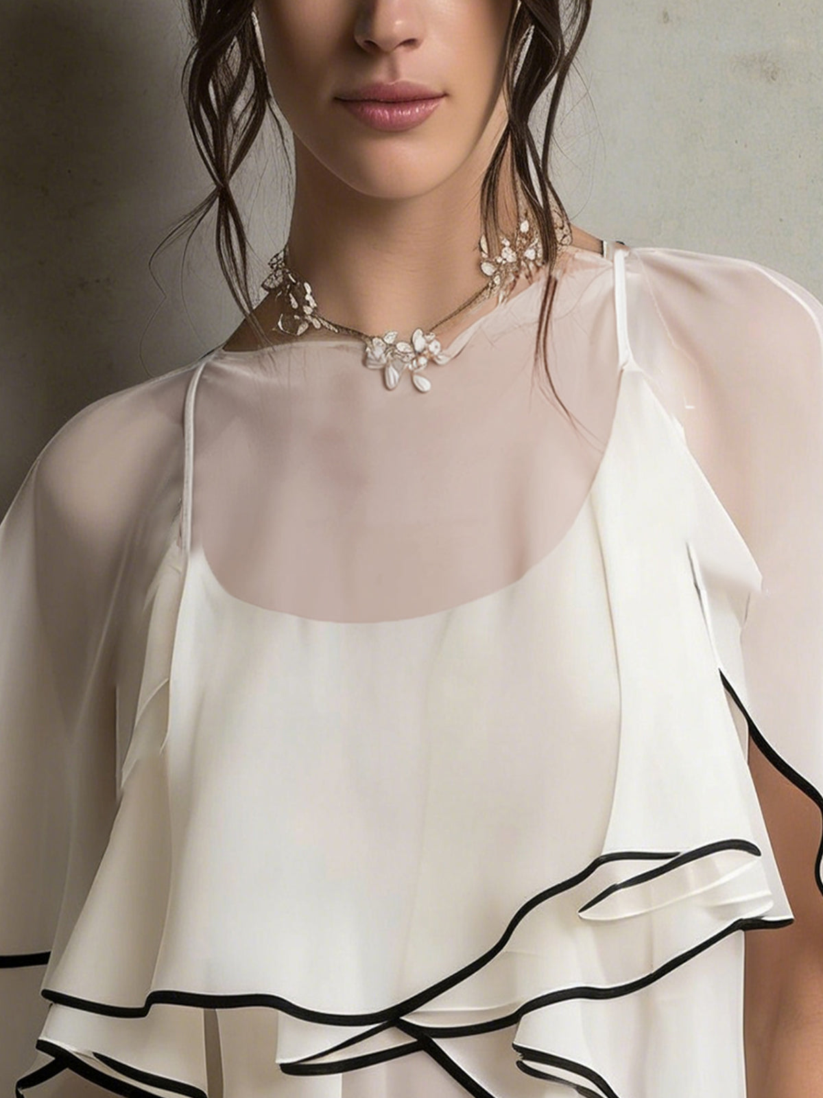 White Layered Ruffle Sheer Chiffon Cape Blouse