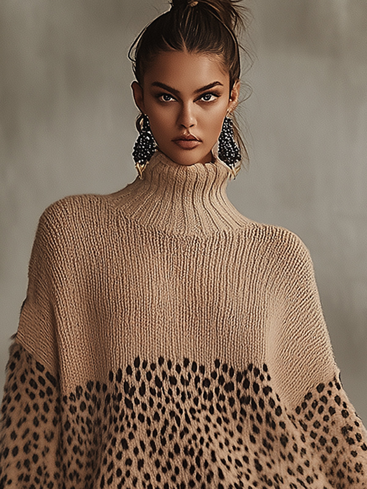 Khaki Leopard Print Knitted Sweater Dress With Fringed Hem