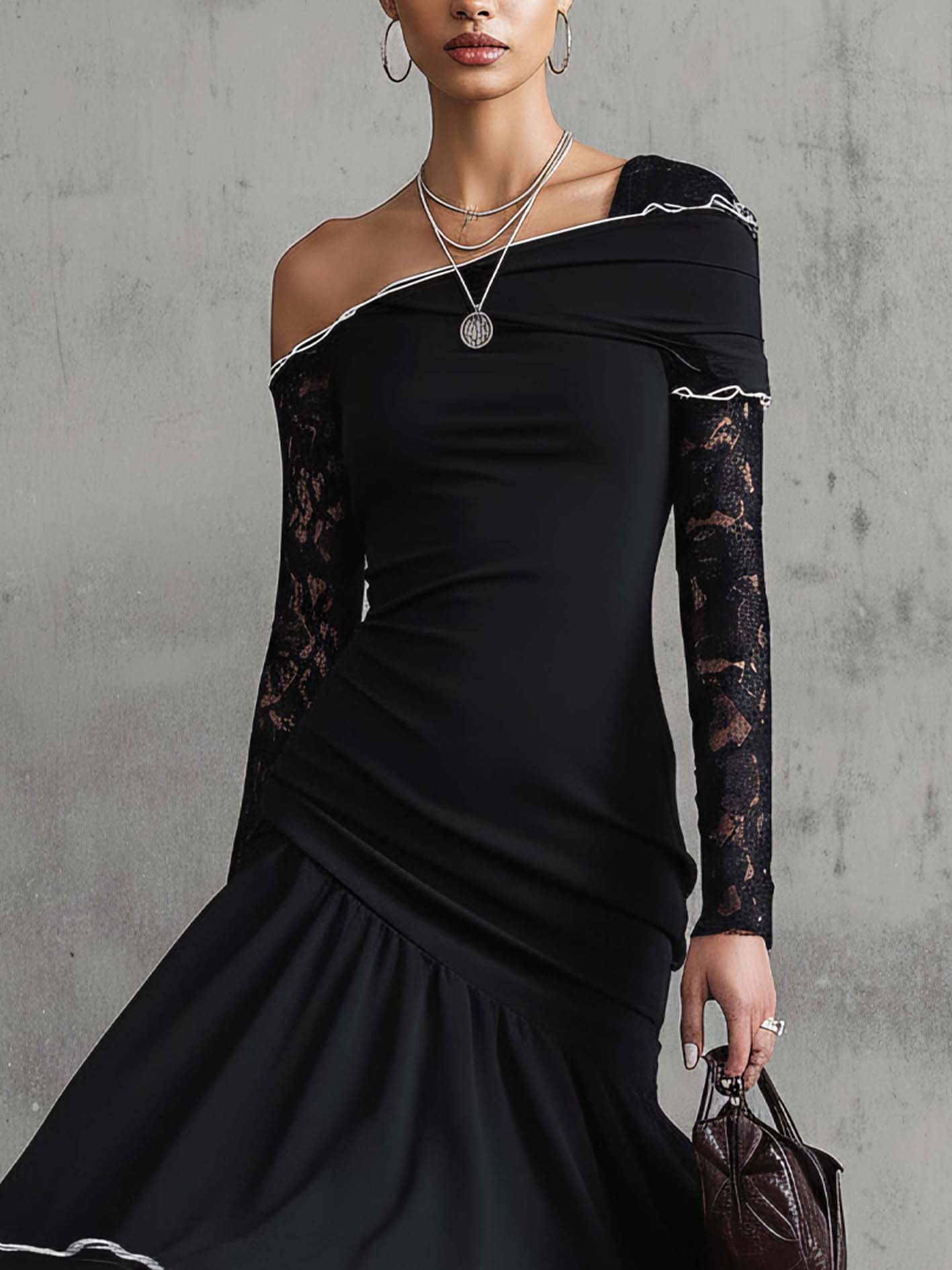 Black One Shoulder Lace Sleeve Bodycon Chiffon Patchwork Dress