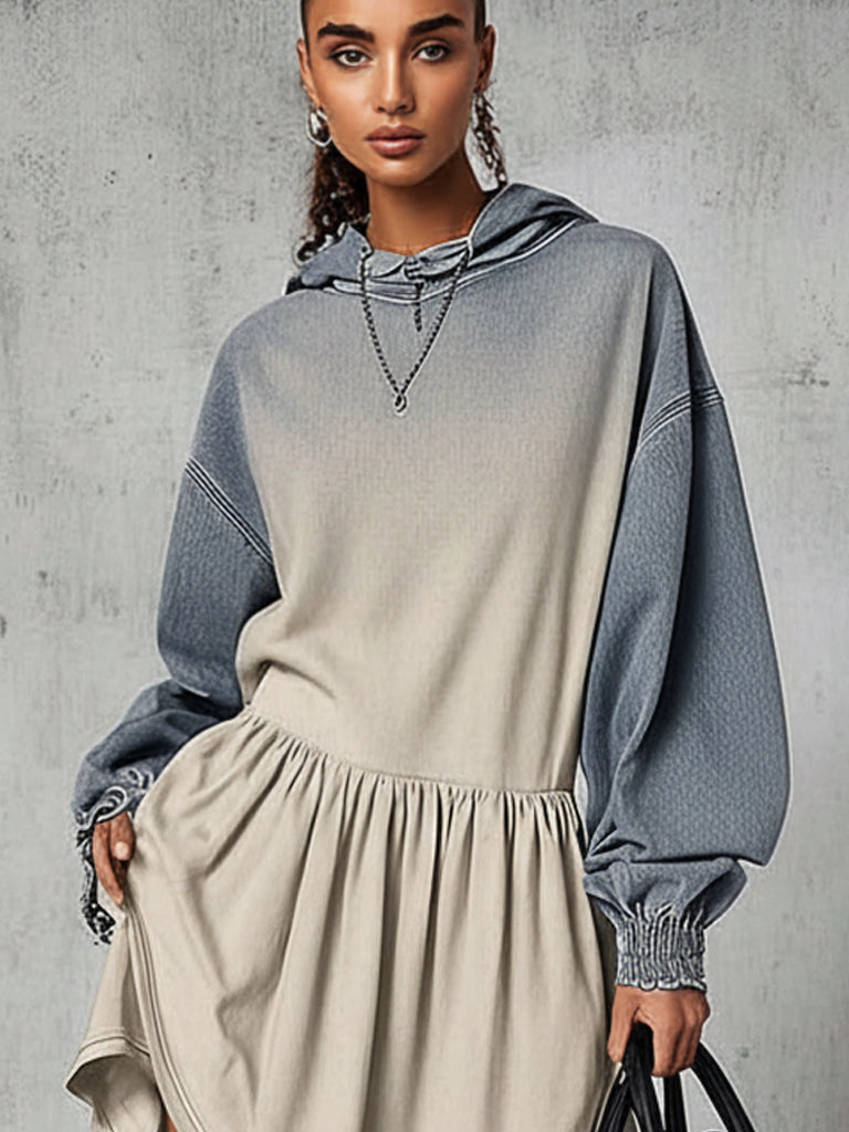Blue Washed Gradient Denim Hoodie Long Sleeve Mini Dress