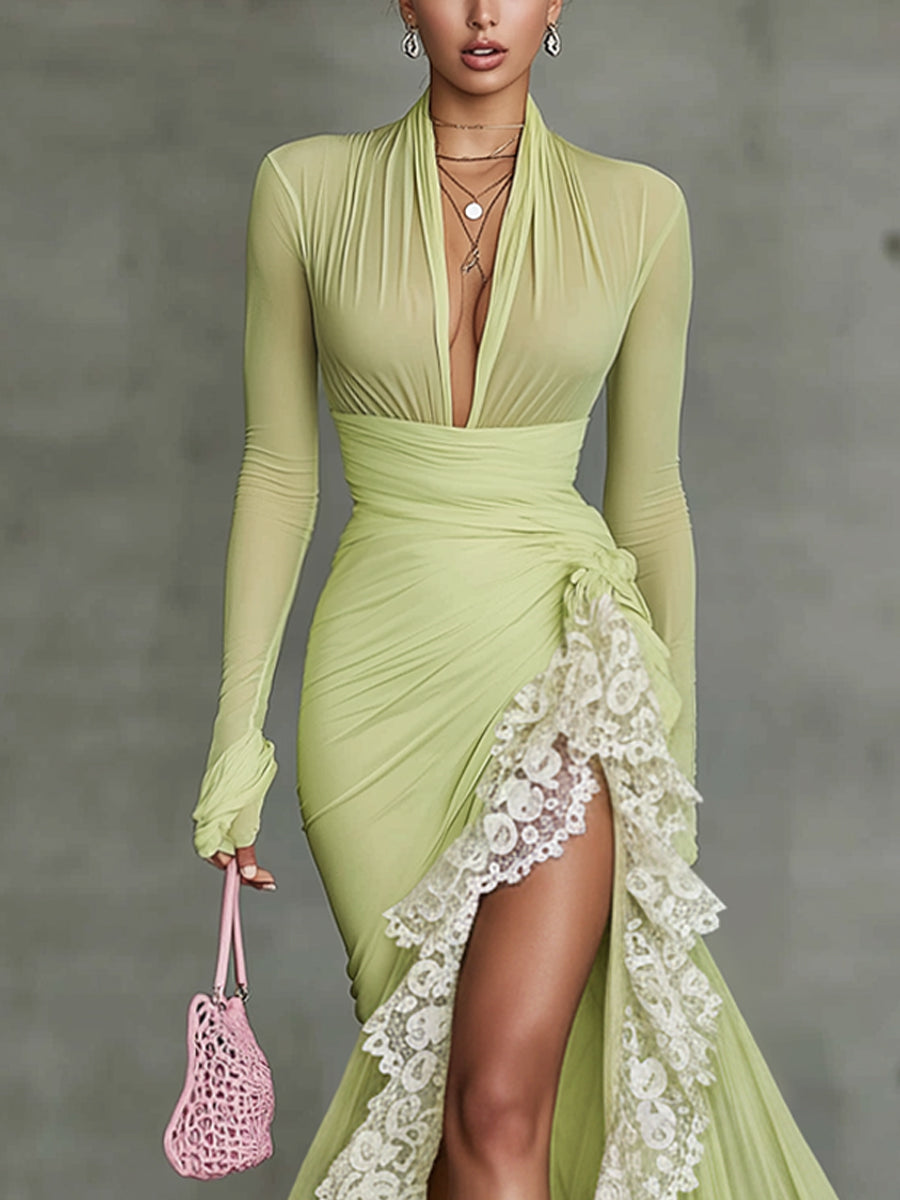 Avocado Green Chiffon Mermaid Lace Bodycon Dress