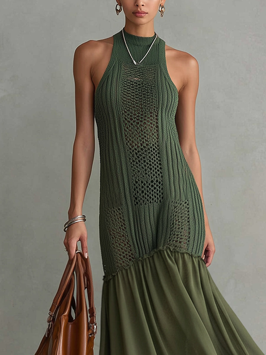Green Sleeveless Knit Chiffon Mermaid Maxi Dress