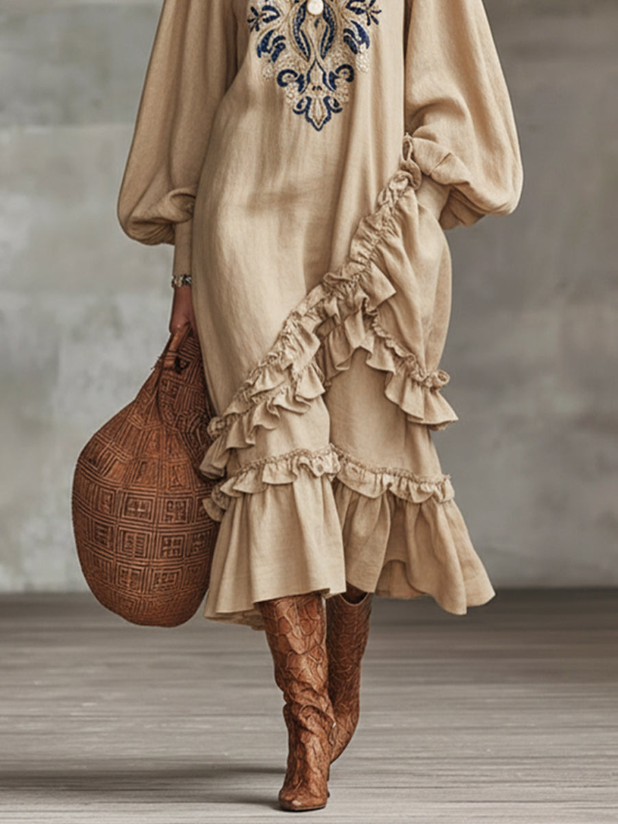 Khaki Embroidered Linen Blend Ruffle Maxi Dress