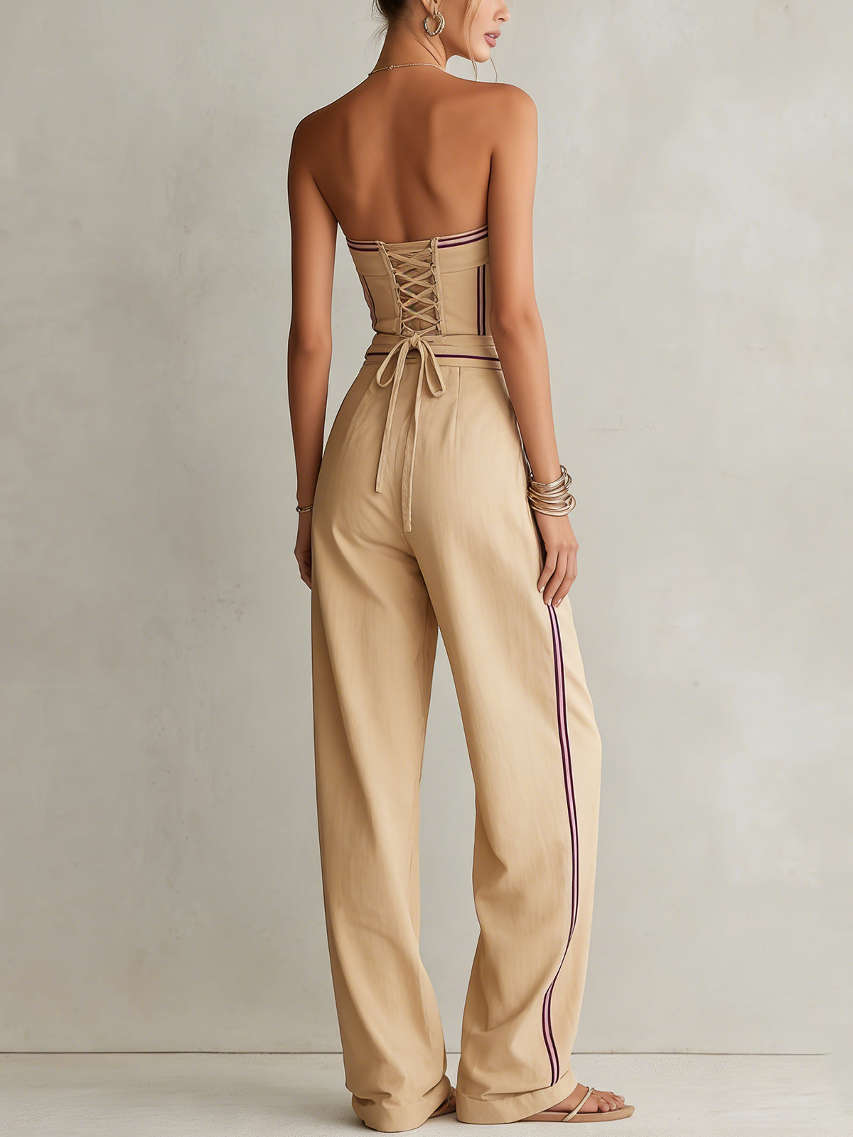 Khaki Striped Strapless Belted Wide-Leg Jumpsuit