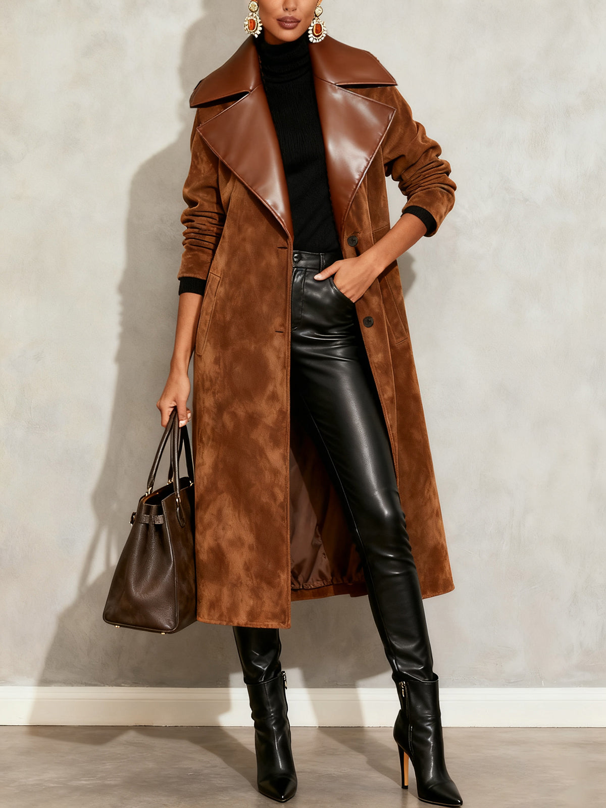 Brown Faux Suede Trench Coat With Leather Lapel