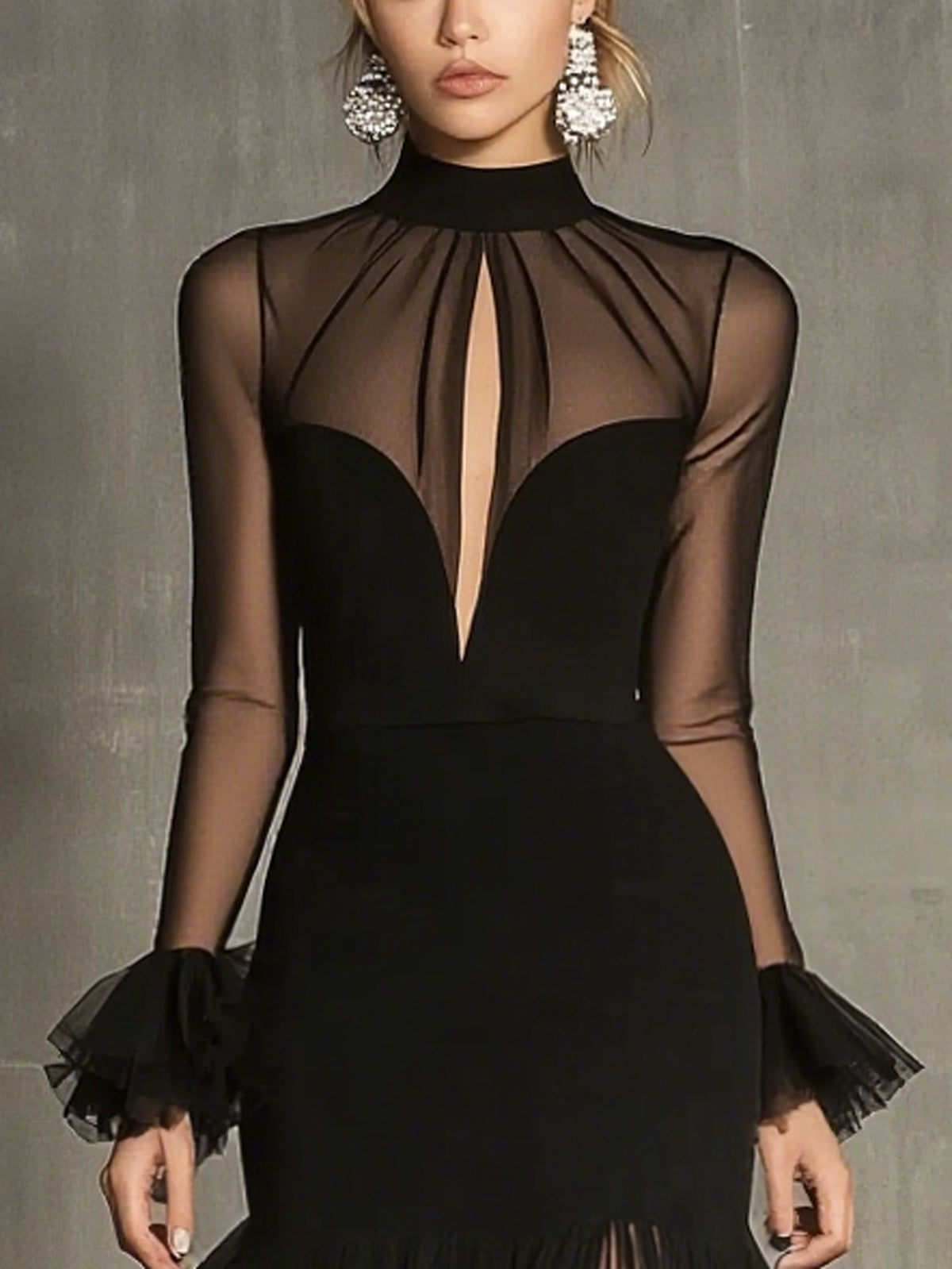 Black Mesh Sheer Keyhole High Neck Long Sleeve Midi Dress
