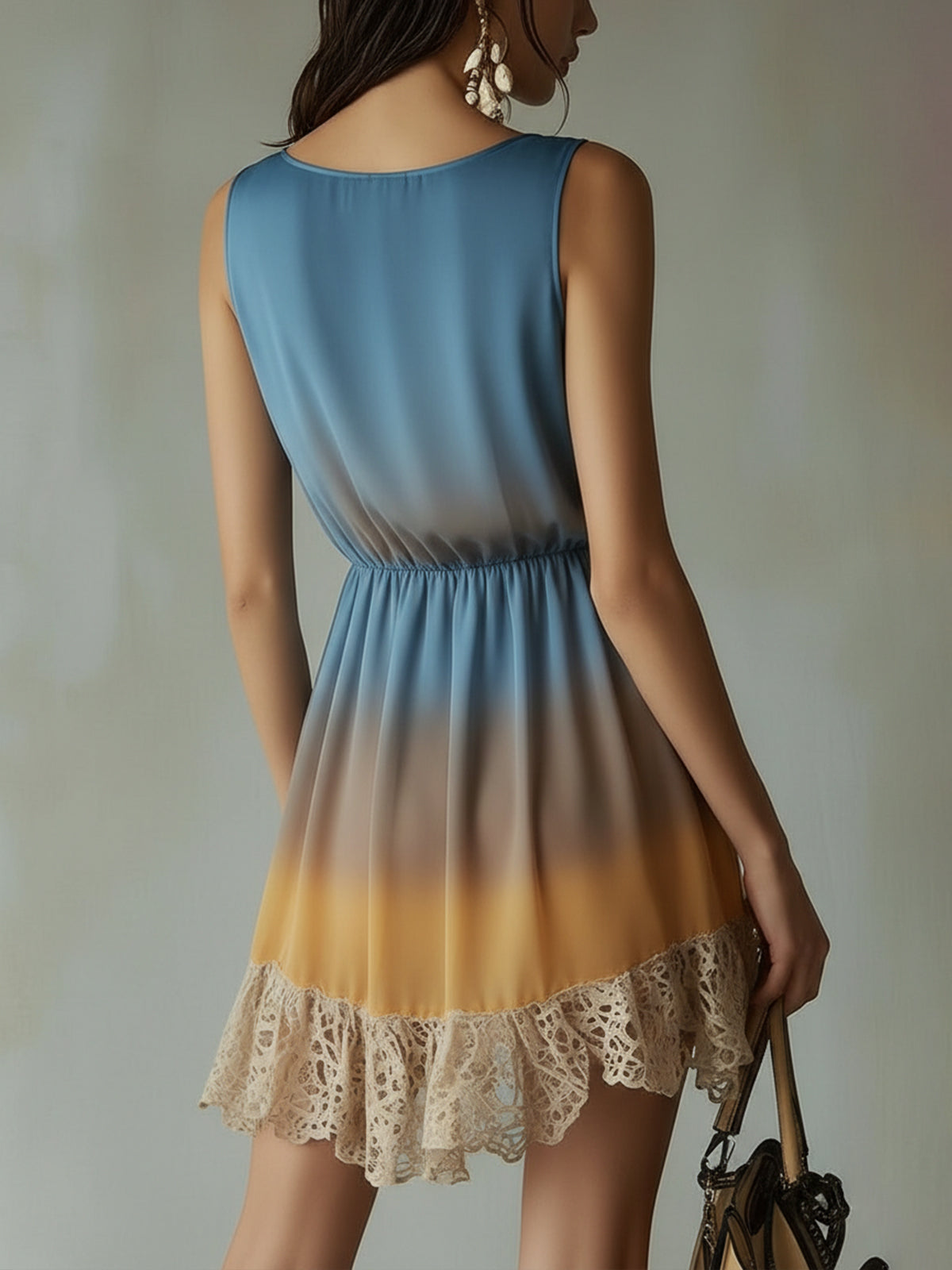 Blue Ombre V-Neck Lace Trim Chiffon Mini Dress
