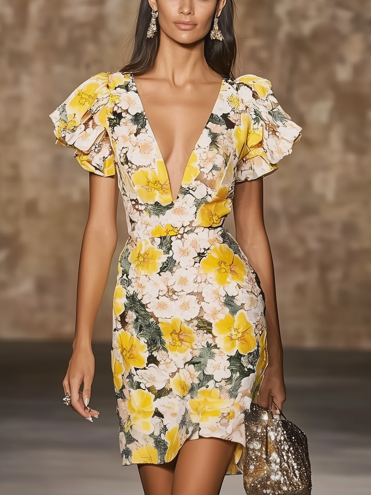 Deep V-Neck Floral Print Bodycon Dress
