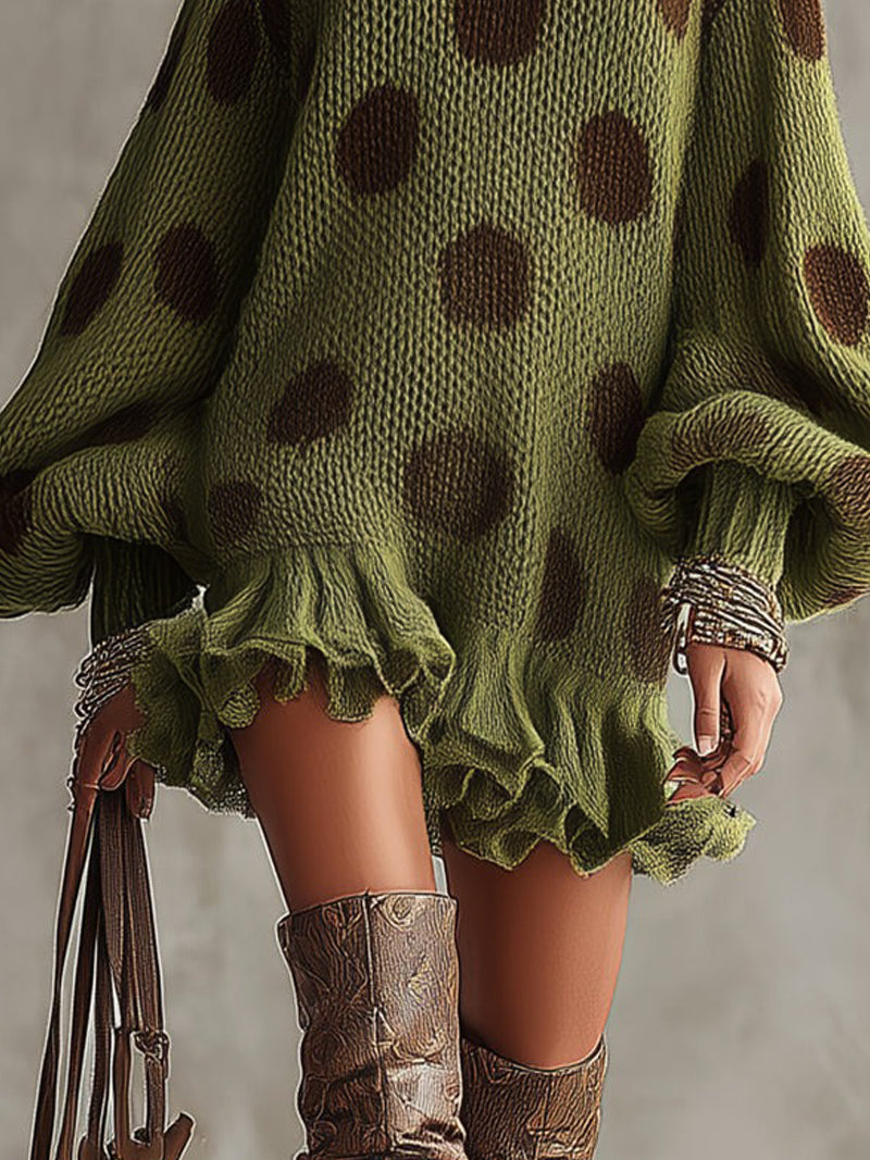 Green Polka Dot Oversized Knit Sweater Dress With Ruffled Hem