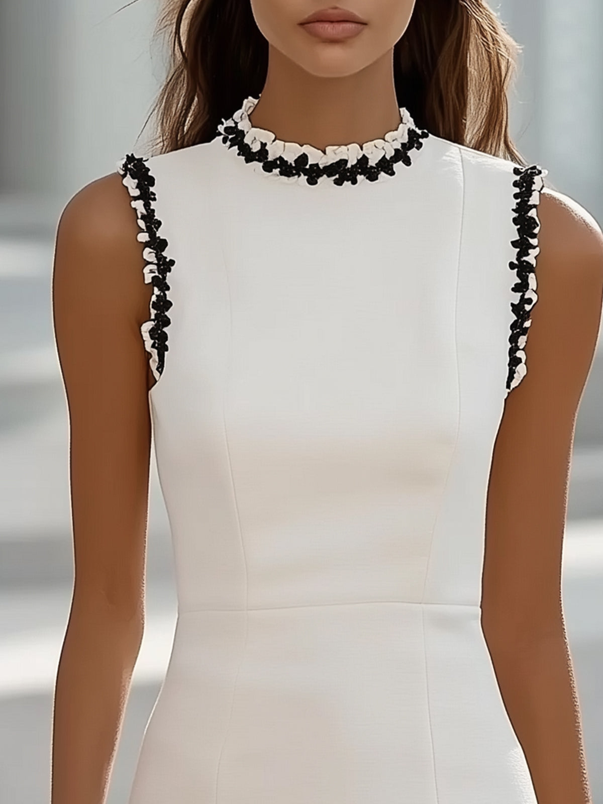 Elegant White Sleeveless Bodycon Dress With Black Trim