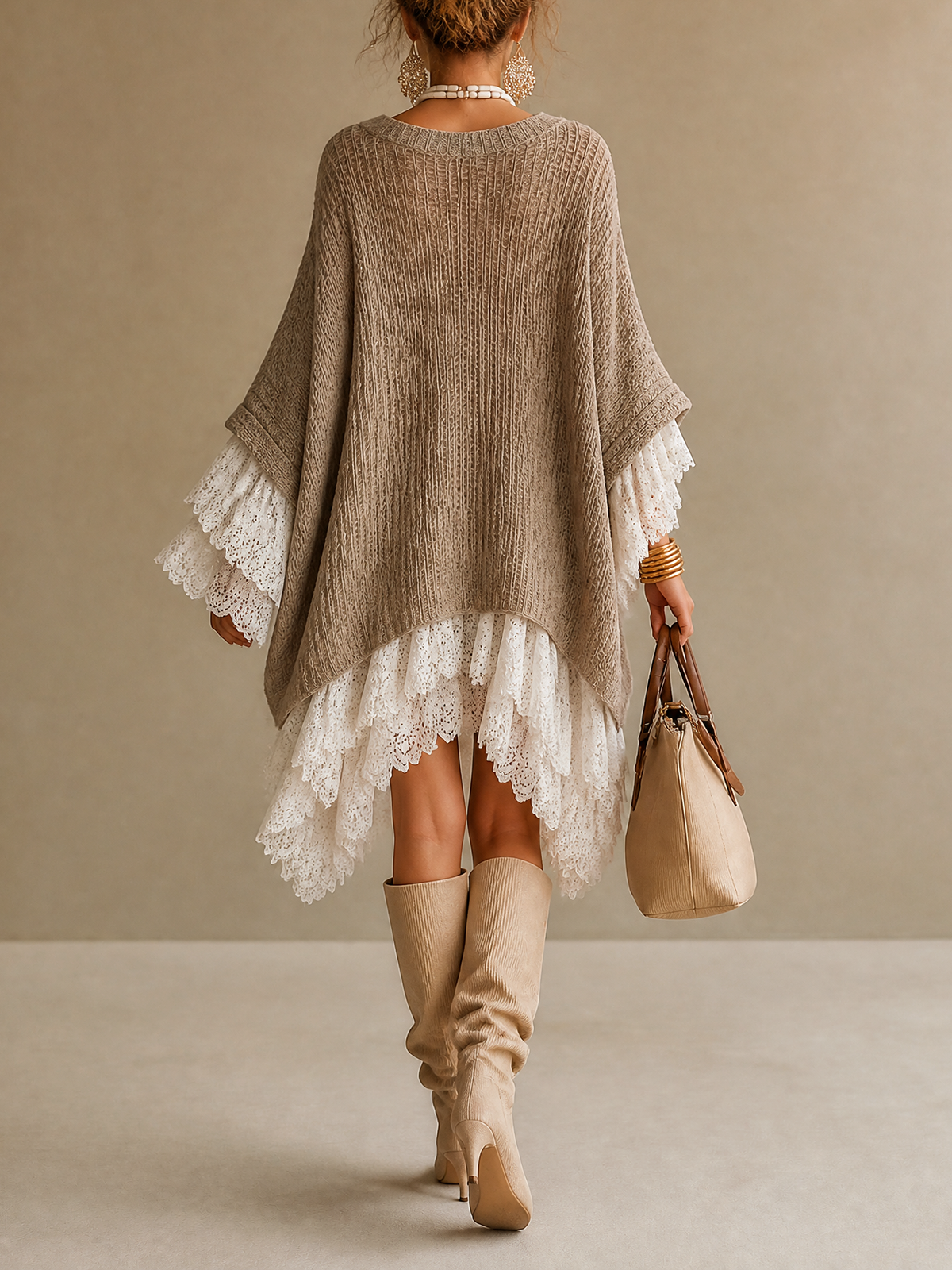 Taupe Faux Two‑Piece Knit Lace V‑Neck Mini Dress