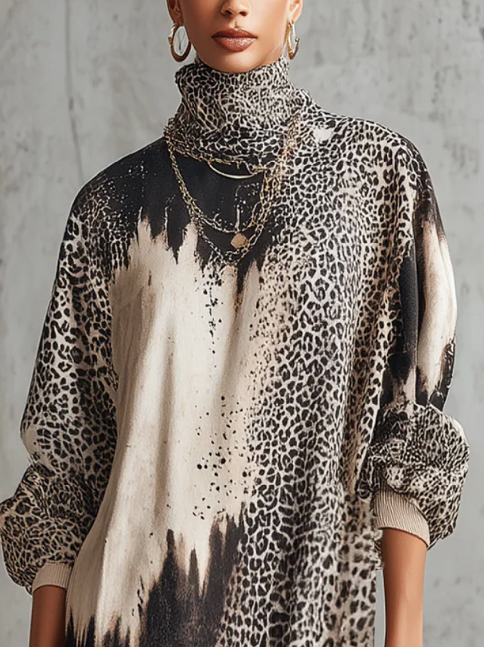 Gray Leopard Print Turtleneck Fringe Hem Faux Suede Dress